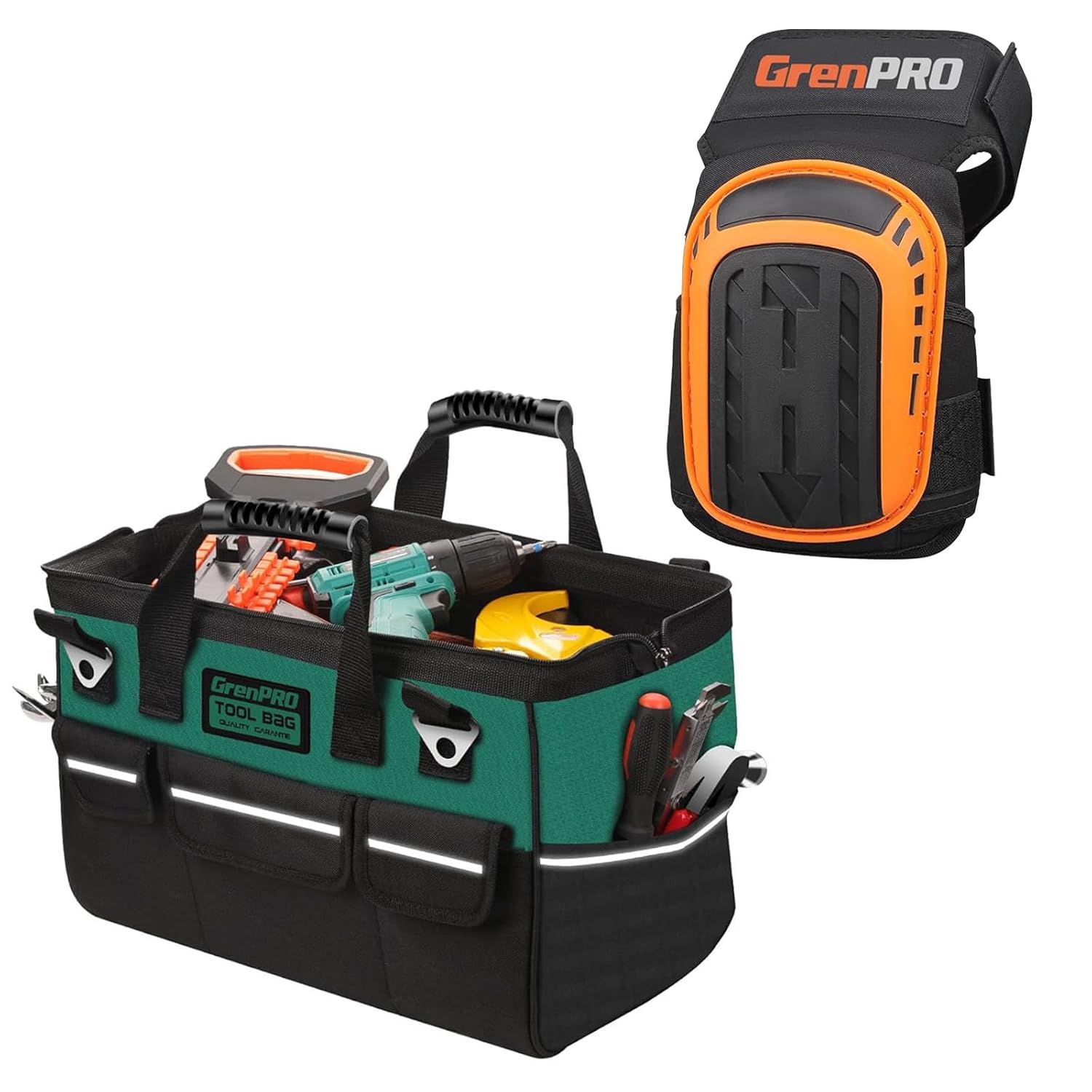 Tool Bag 14 Inch & Knee Pads for Work, Large Heavy Duty Tool Box Organizer for Construction, Work
