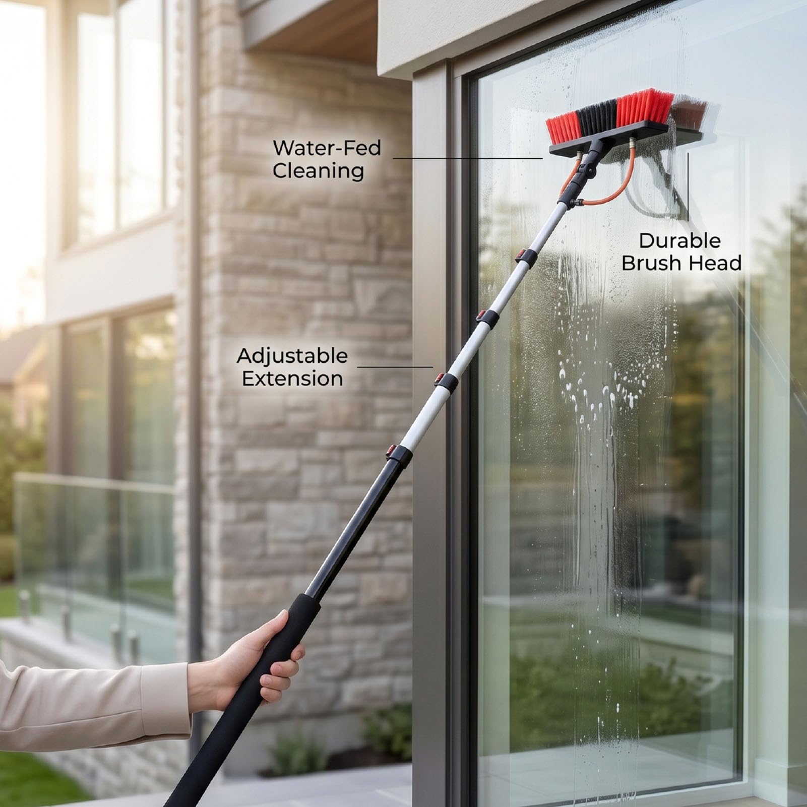 Ausla Kit Spazzola per la Pulizia del Pannello Solare, di Pali Alimentati Ad Acqua in Alluminio ABS PC, Palo Telescopico a 5 Sezioni da 15 Piedi, Spazzola da 35 Cm, per Pannelli Solari, Finestre,