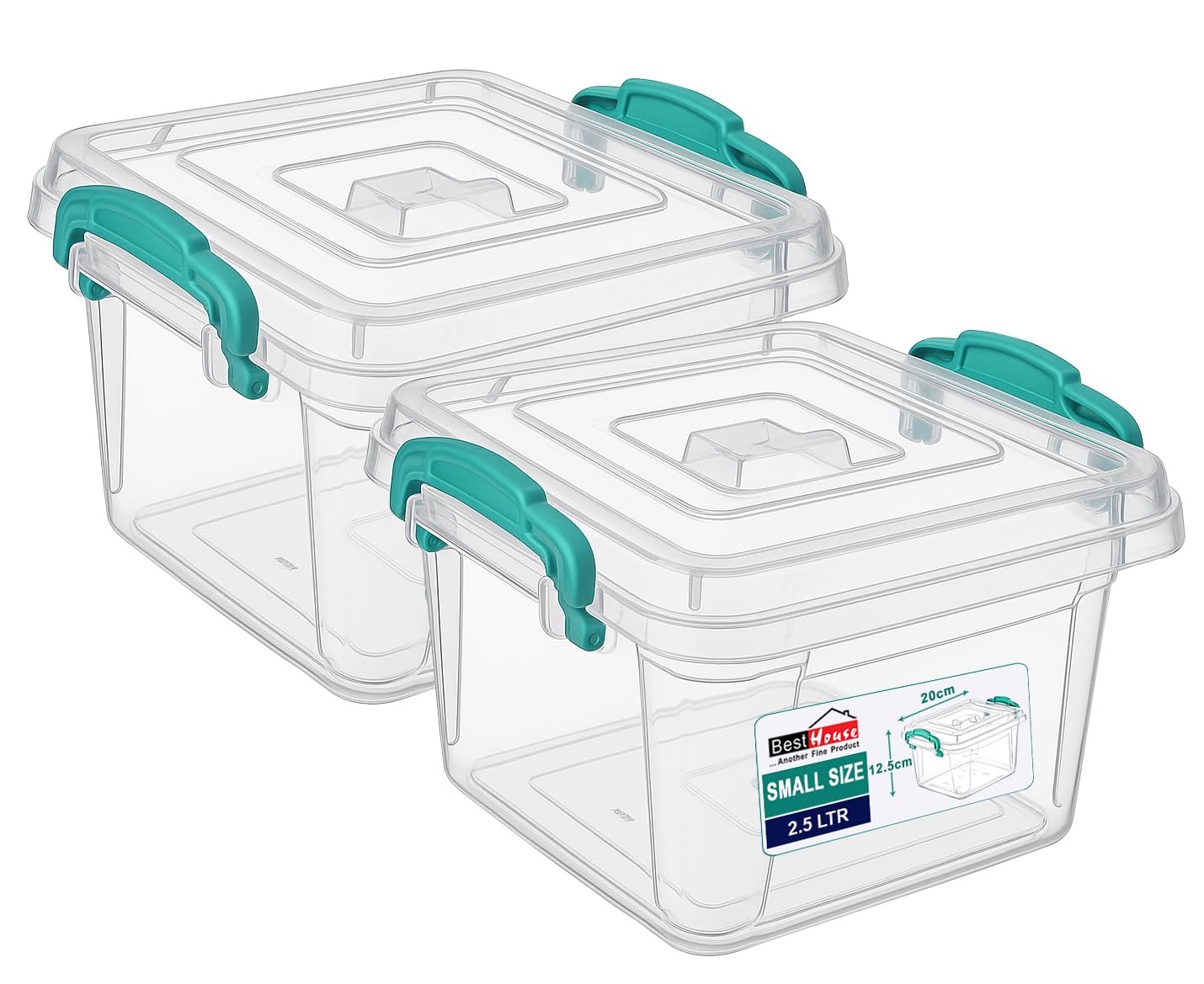 Best House | Small Plastic Storage Box with Clips & Lids | Size: 2.5L (L:20cm W:20.5cm H:12.3cm) | Set of 2 | Square Shape |Stackable Clear Multipurpose Home Office Kitchen Tools Crafts (2.5 Litres)