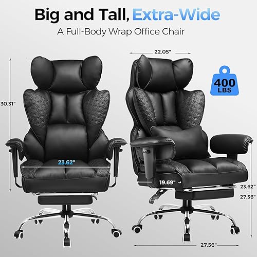 Vista 2 de COMHOMA Silla de Oficina Grande y Alta 400LBS Silla de Juegos de Servicio Pesado con Cuero Gofrado de Lujo Respaldo Alto Silla de Computadora Negro