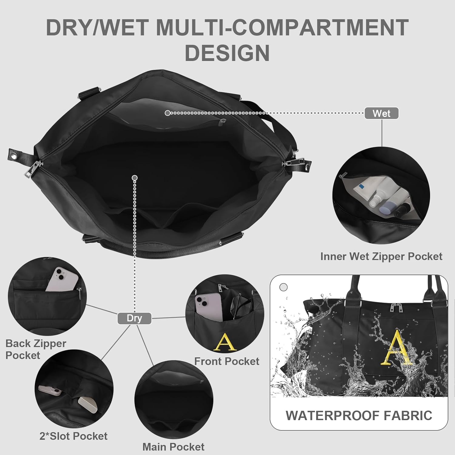 Personalized Initial Gym Dance Bag, Travel Duffel Bag for Teen Girls, Carry On Bag Overnight Weekender Bag with Trolley Sleeve, Birthday Gifts for Women Mom Daughter Graduation Gift(Letter A, Black) - Image 4