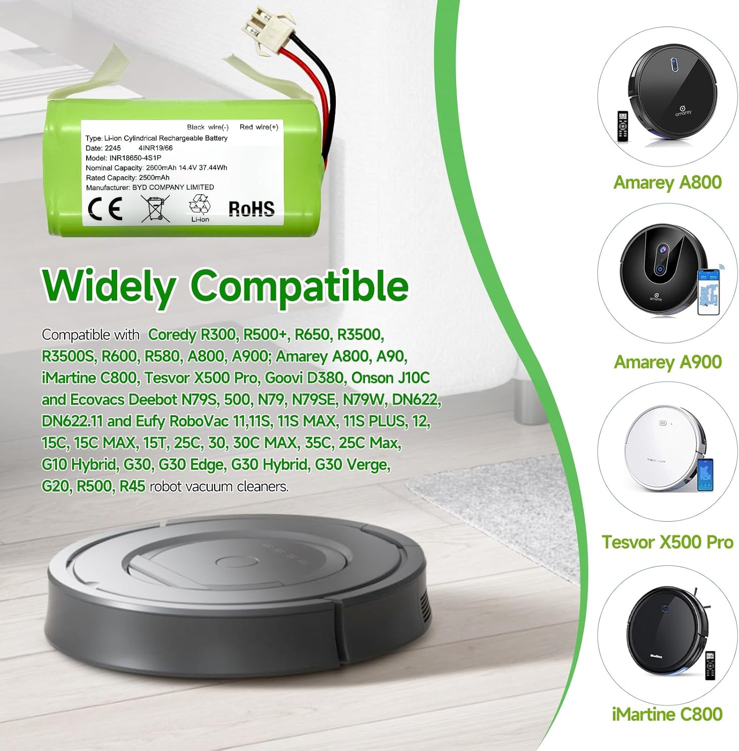 Replacement Battery for Amarey A800 A900 Eufy RoboVac 11 11S 11S Max 12 15C 15C Max 15T 25C 25C Max 30 30C Max 35C G10 Hybrid G20 G30 Edge Hybrid G30 Verge R500 R45 Vacuum OEM BYD14.4v 2600mAh