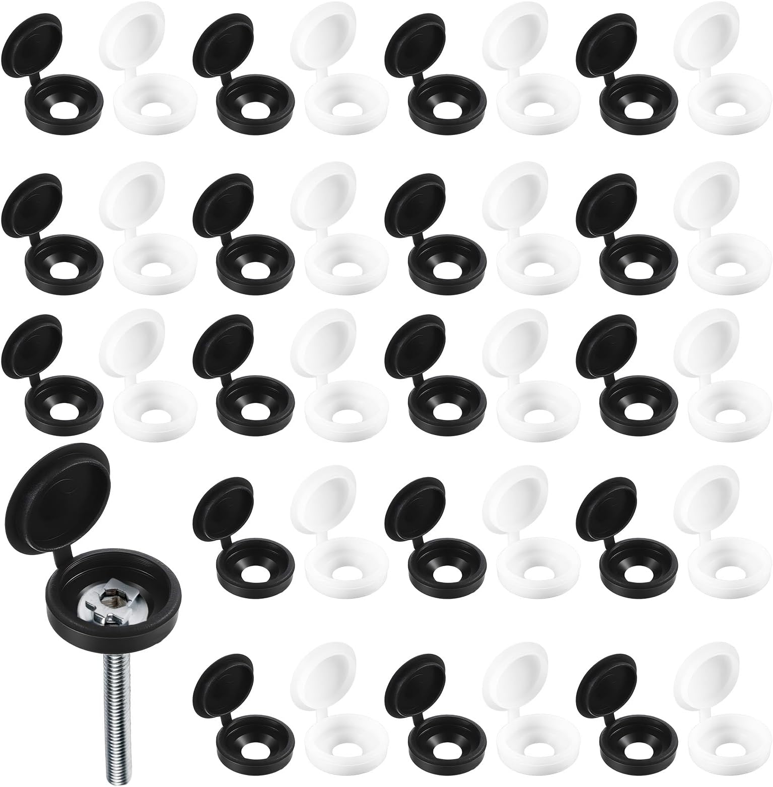 150 PCS Plastic Hinged Screw Covers, Decorative Screw-Caps White Black Hinged Screw-Cover for Covering Screws Heads Fold Screws Snap Covers Washer Flip Tops for Screw Protection, 13mm