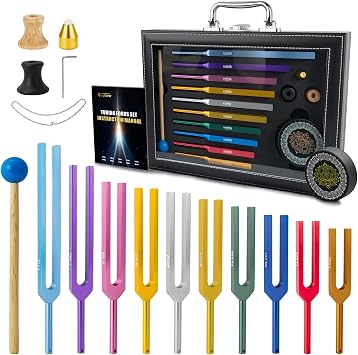 10 PCS Unweighted Tuning Fork for Healing Set, Multi-Color Chakra Tuning Forks, Lead-Free Aluminum Alloy Solfeggio Tuning Forks with Activator & feet 174-963Hz, Sound Healing