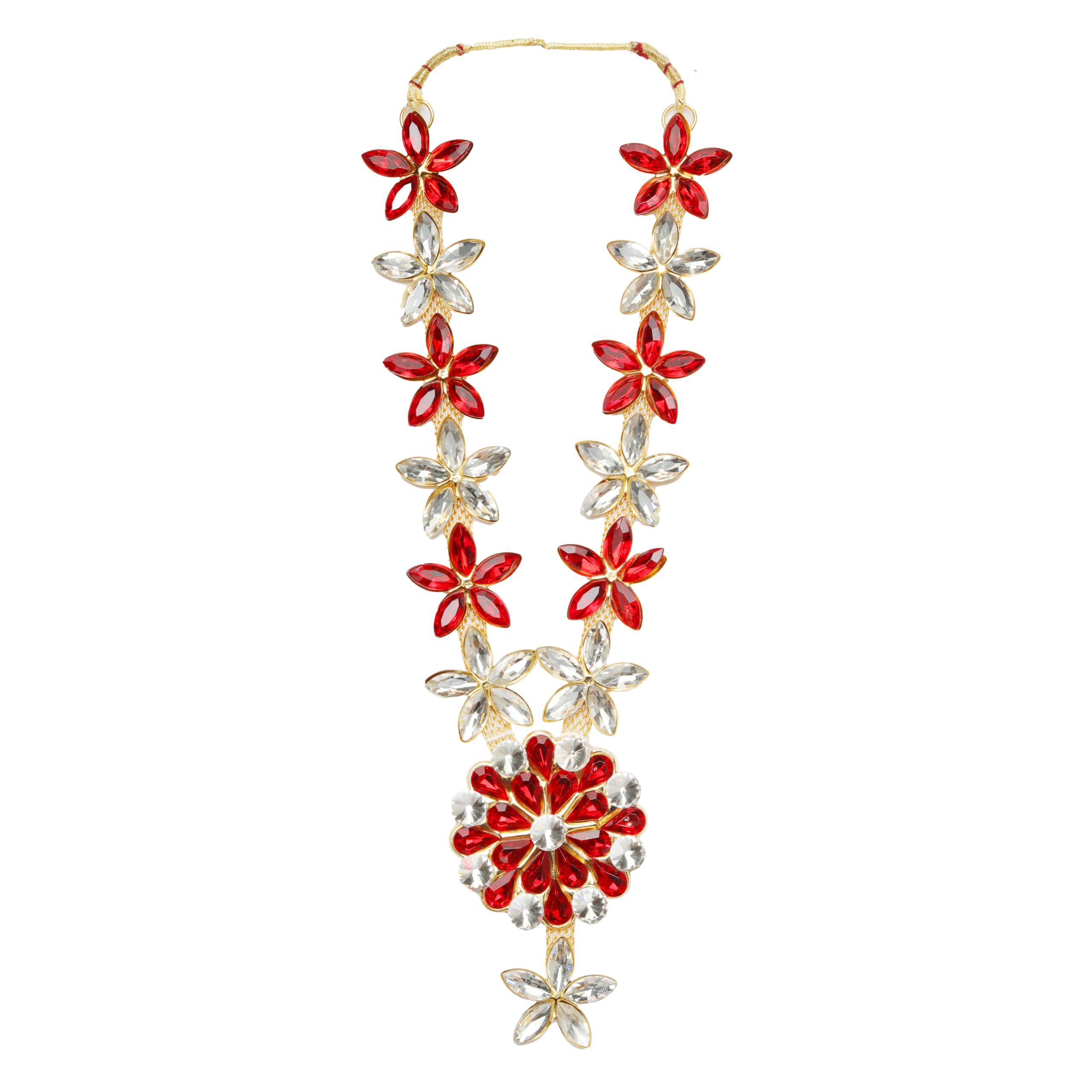 Single Red and White Stone Mala Set for Laddu Gopal, Devi Maa, Radha Krishna - Indian Traditional Navratri God Goddess Haar Sringar for All Deities Idol Statue (Size: 10")