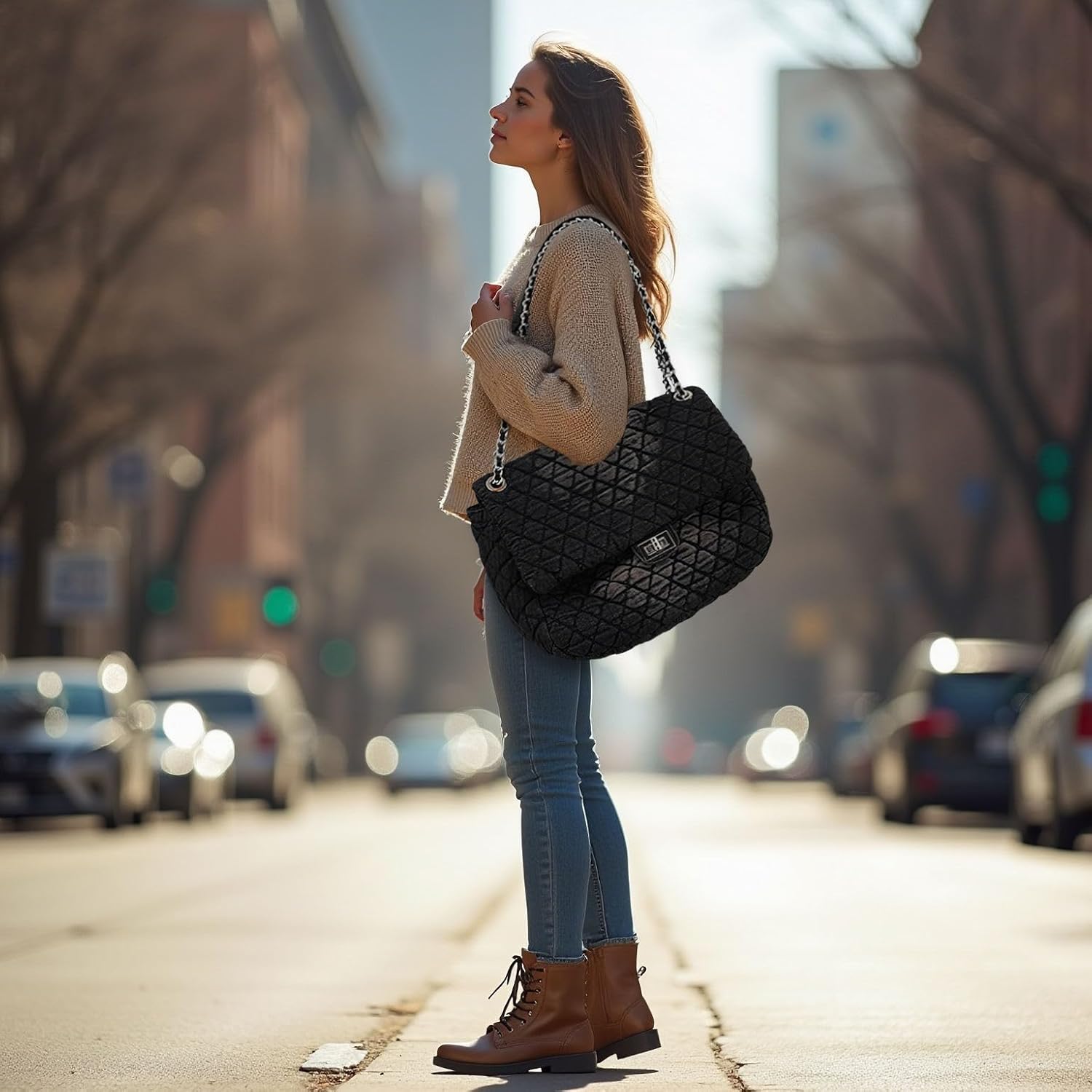 Quilted Denim Purse, Shoulder Bag for Women, Crossbody Flap Tote Bag,Silver Chain Hobo Bag, Vintage Washed Jean Purse - Image 2