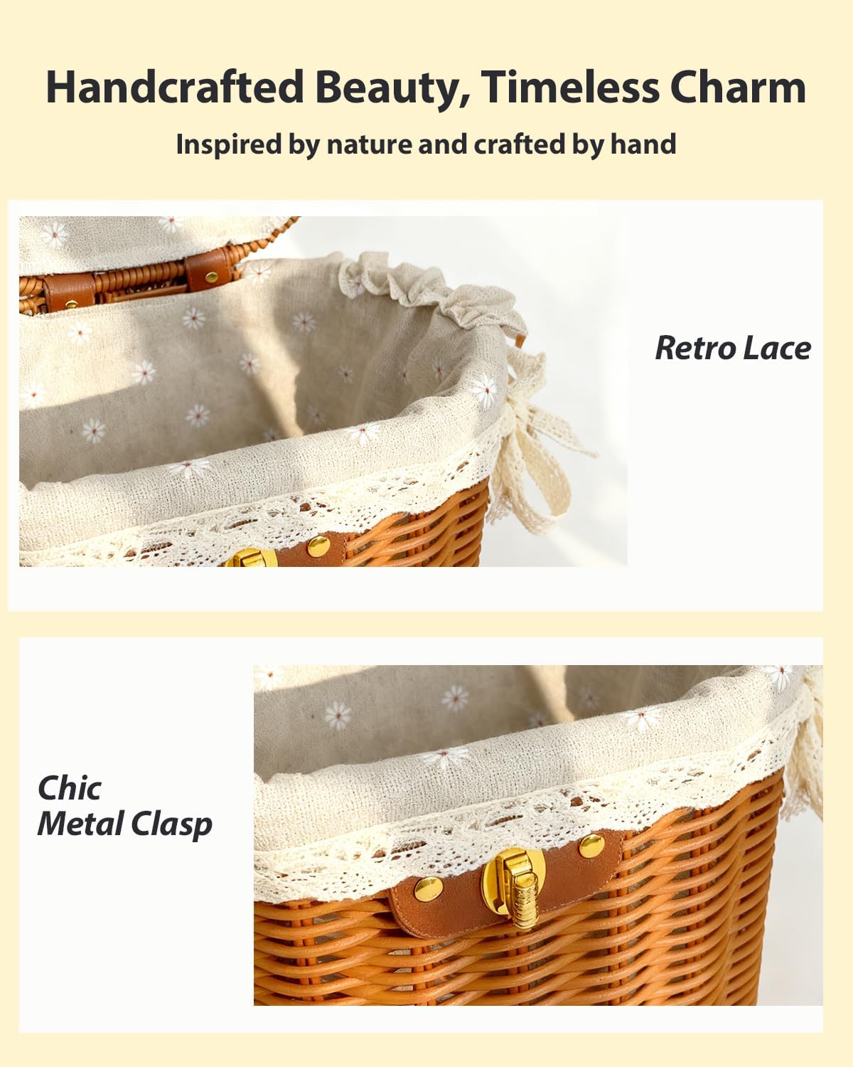 Small Picnic Basket with Lid & Foldable Handles - Vintage Rattan Picnic Hamper with White Lining & Lock for Picnic, Beach, Vacation & Everyday Use