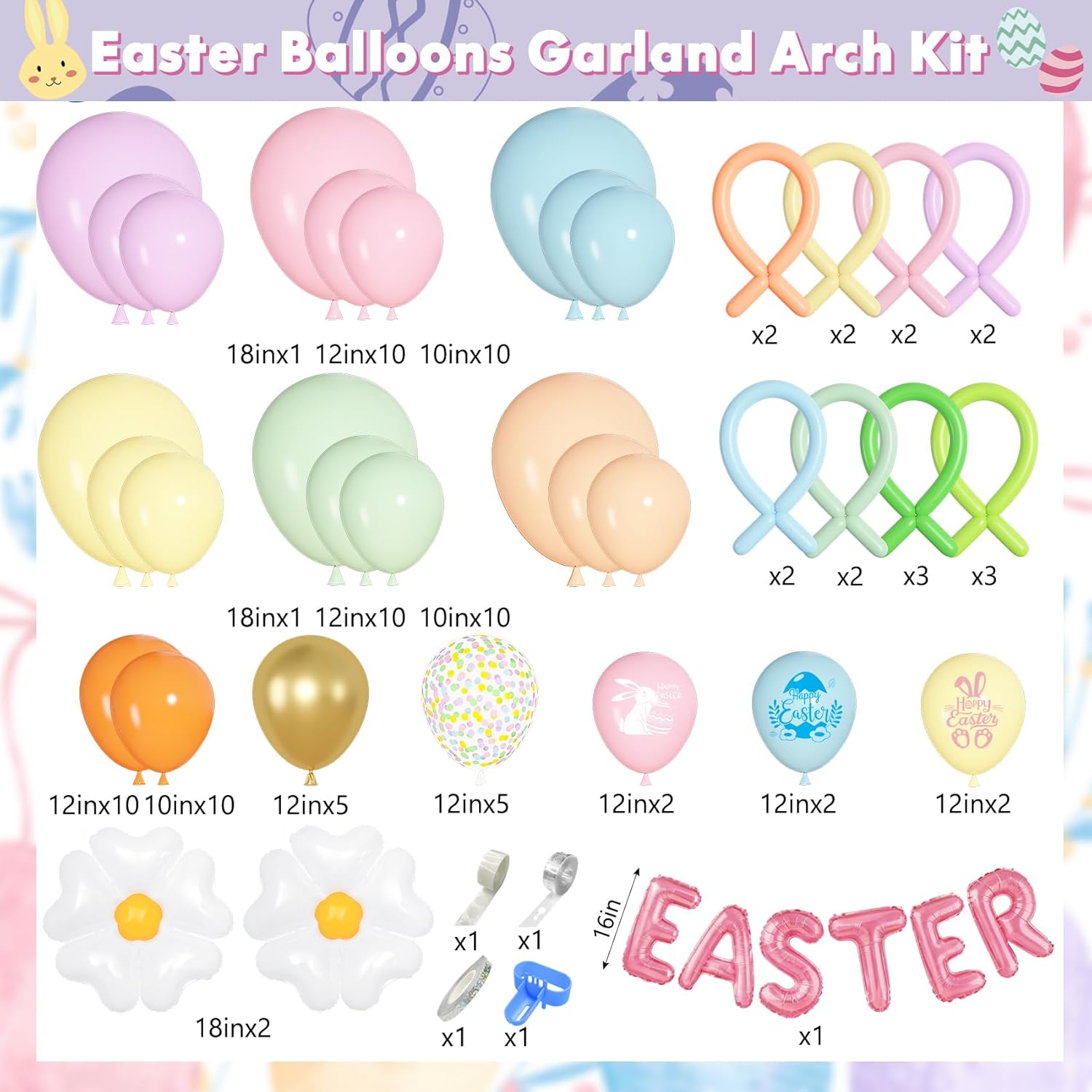 Ouddy Life 187 PCS Easter Balloons Arch Garland Kit, Easter Party Decorations with Daisy Flower Foil Long Pastel Printed Balloons for Spring Pastel Birthday Baby Shower Bunny Party Supplies Decor