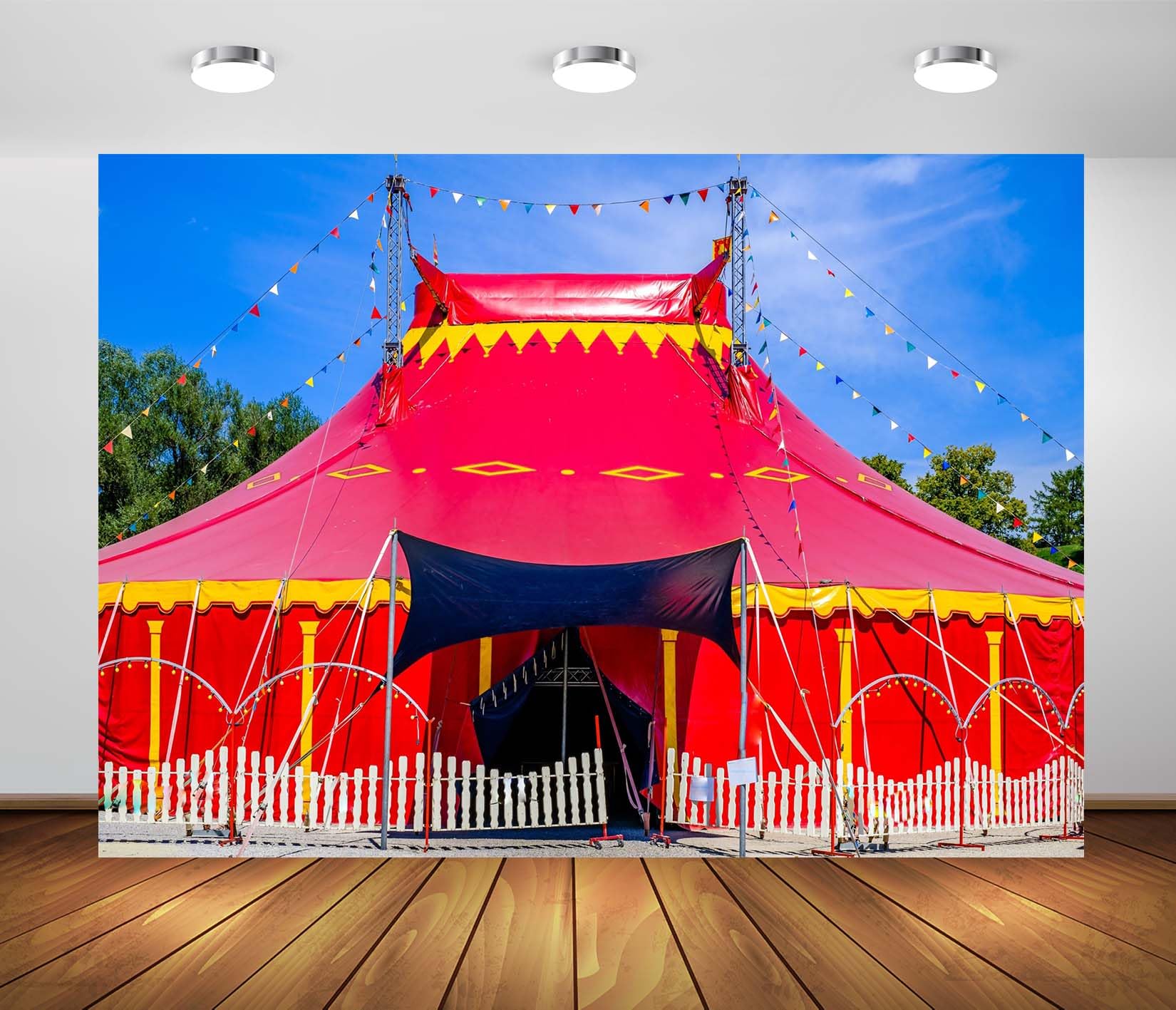 4.5x3m Sfondo fotografico con tendone da circo rosso, decorazioni per feste a tema carnevalesco, sfondo fotografico con tendone da circo, forniture per tavoli con torte di carnevale