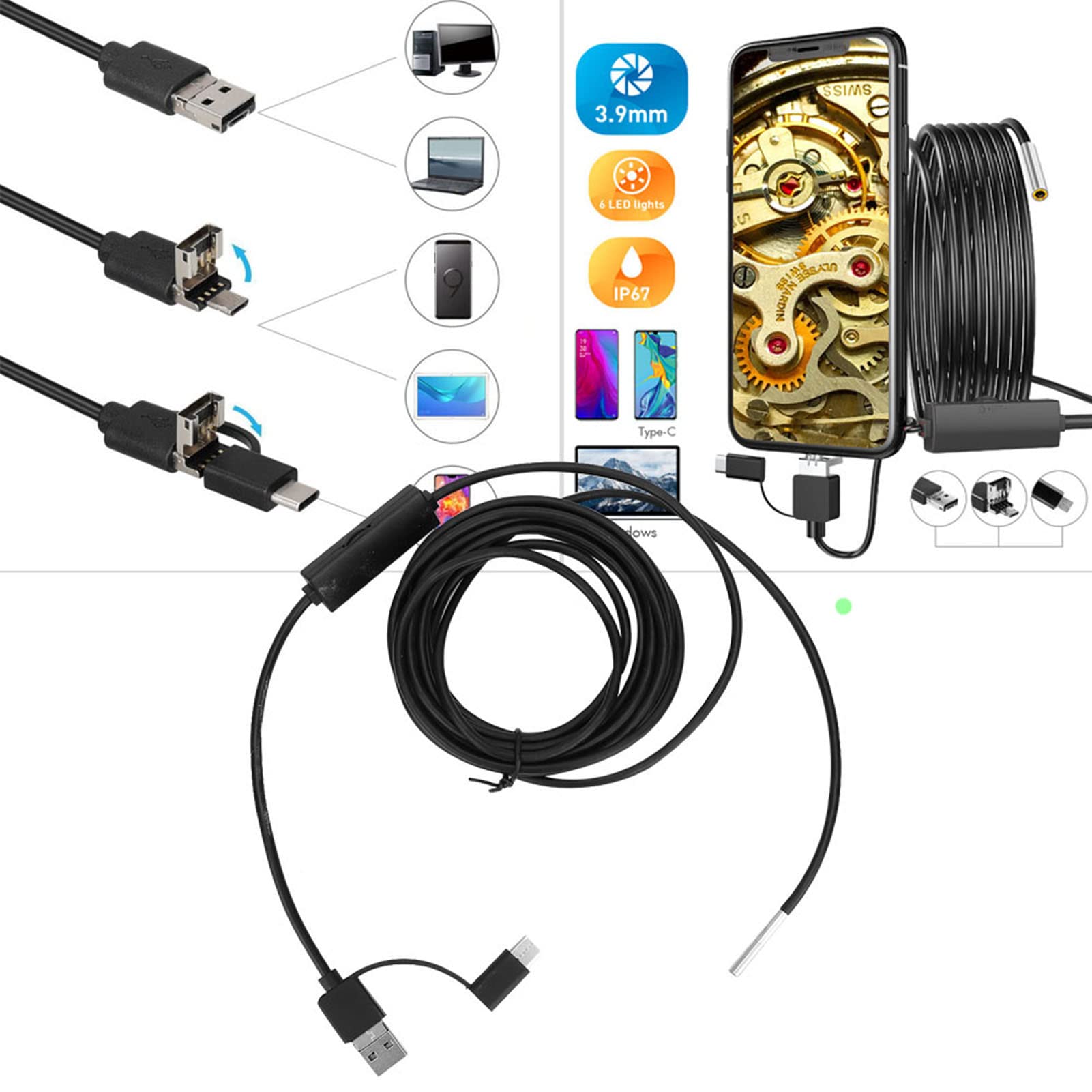 3.9mm Lens High Definition Endoscope Industrial Waterproof Endoscope 3 in 1 Support for Android, Type C Interface (5m Cord)