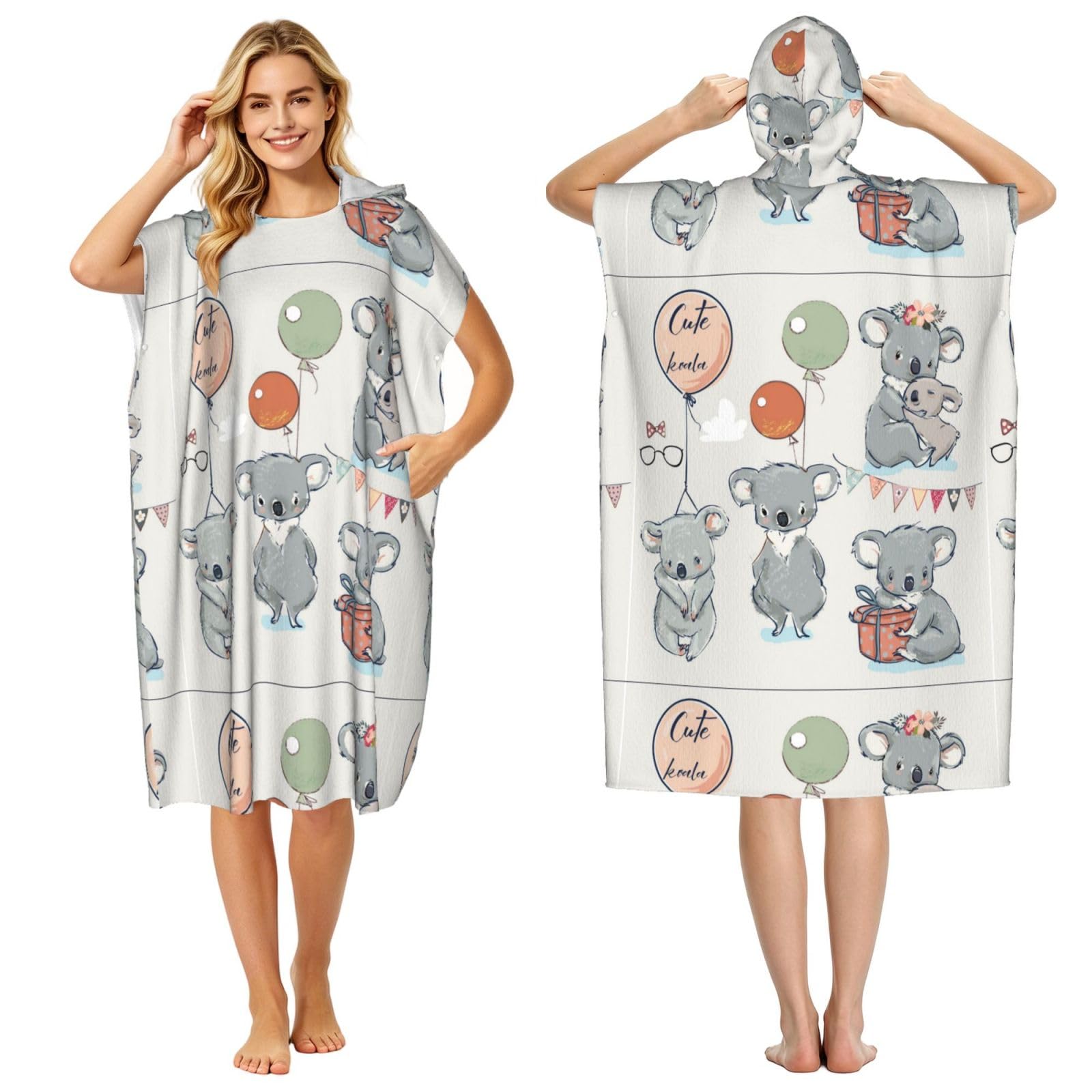 Poadnly Koala, Adult Hooded Beach Towel 90 x 110 cm,Changing Bath Robe, Surf Poncho Towel For Women Men