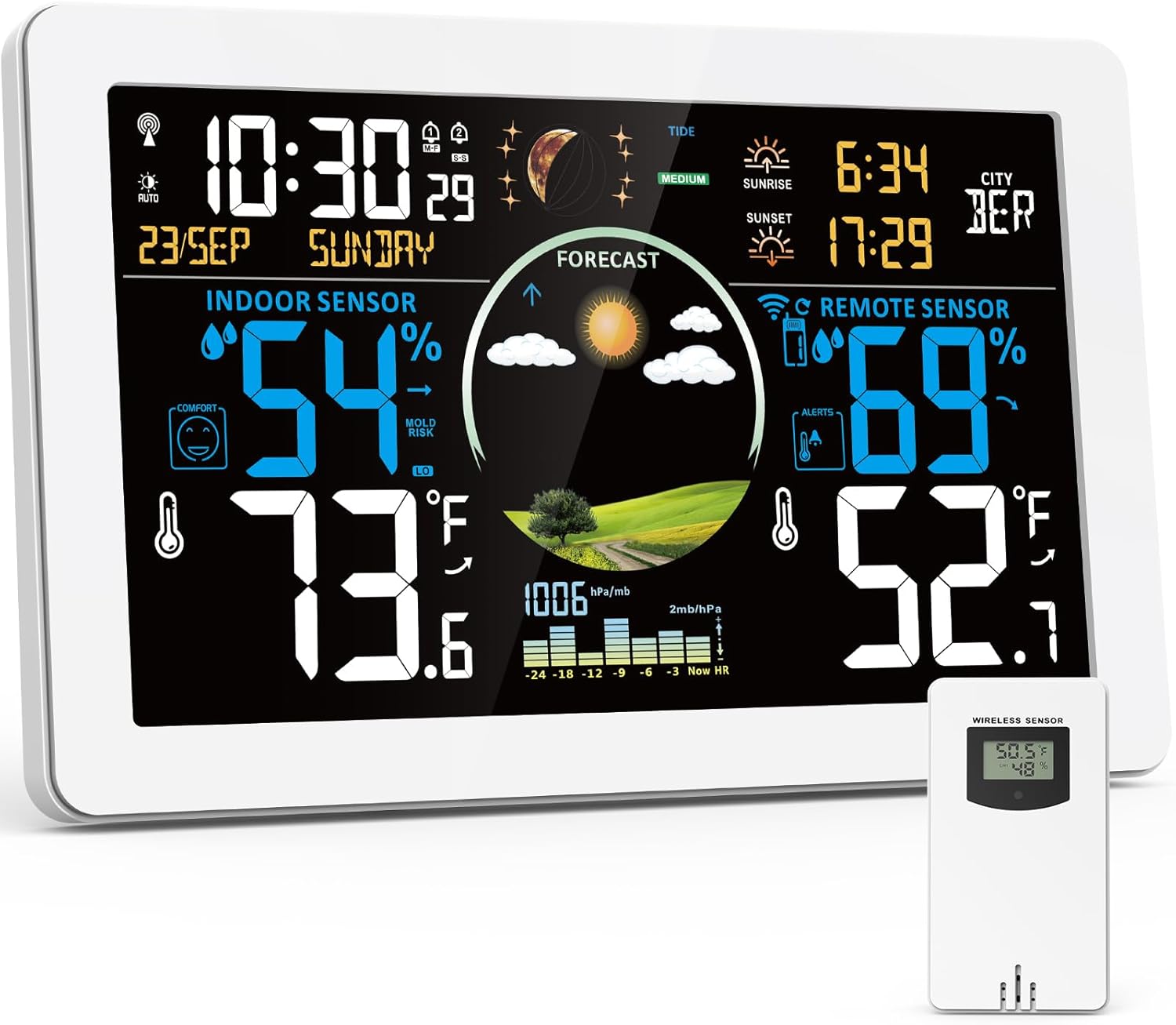 Weather Station Wireless Indoor Outdoor, Digital Thermometer, 7.5''VA Display Home Weather Stations, Accurate Temperature Humidity Gauge with Weather Forecast, Atomic Clock,White