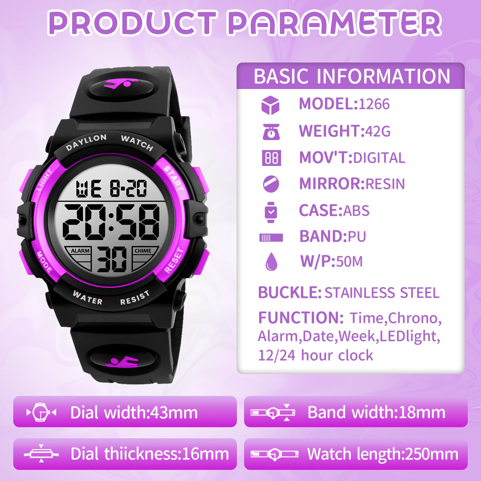 Dayllon Orologio digitale per bambini Sport all'aperto 50 m impermeabile Orologio elettronico Allarme 12/24 h Cronometro Calendario Ragazzo Ragazza Orologio analogico