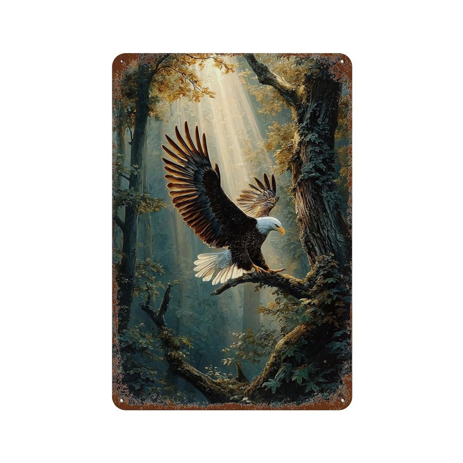 Rust Effect Eagle Forest Nature Scene Distressed Metal Wall Sign 11.8"x7.9", Farmhouse Wall Decor for Office, Studio And Wall Decor