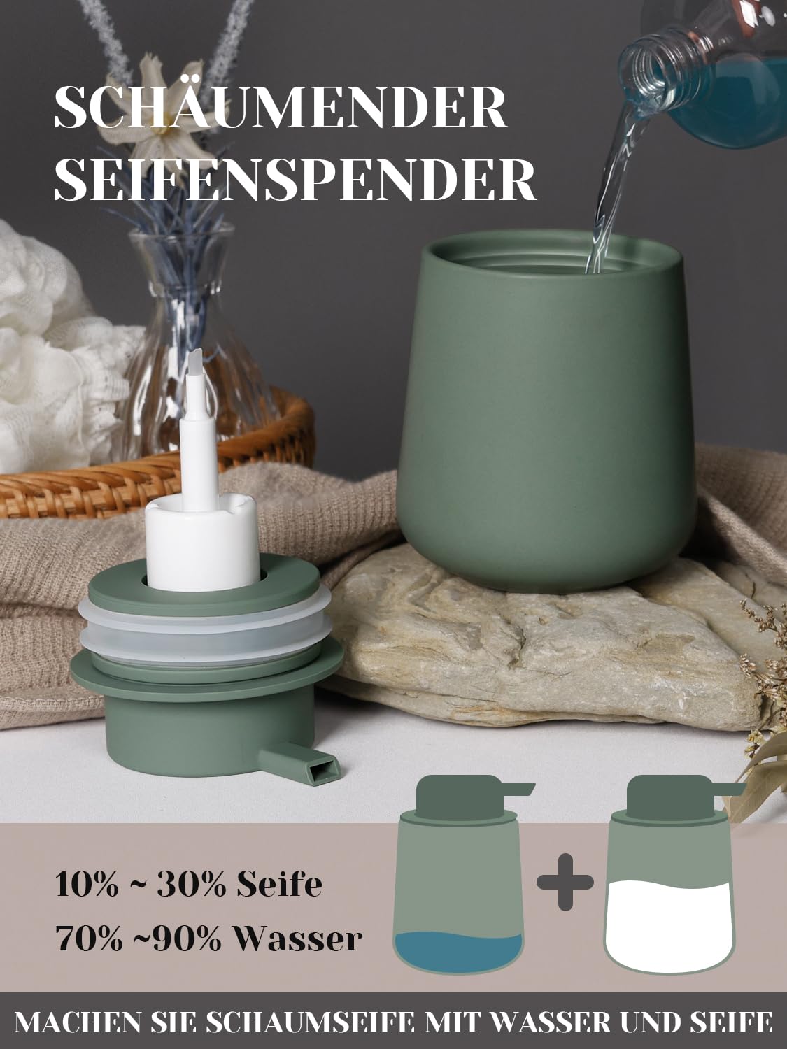 Set da bagno verde, 3 pezzi di accessori da bagno in ceramica, accessori da bagno decorativi, include dispenser per sapone in schiuma da 350 ml, bicchiere per spazzolini e vaschetta, adatto
