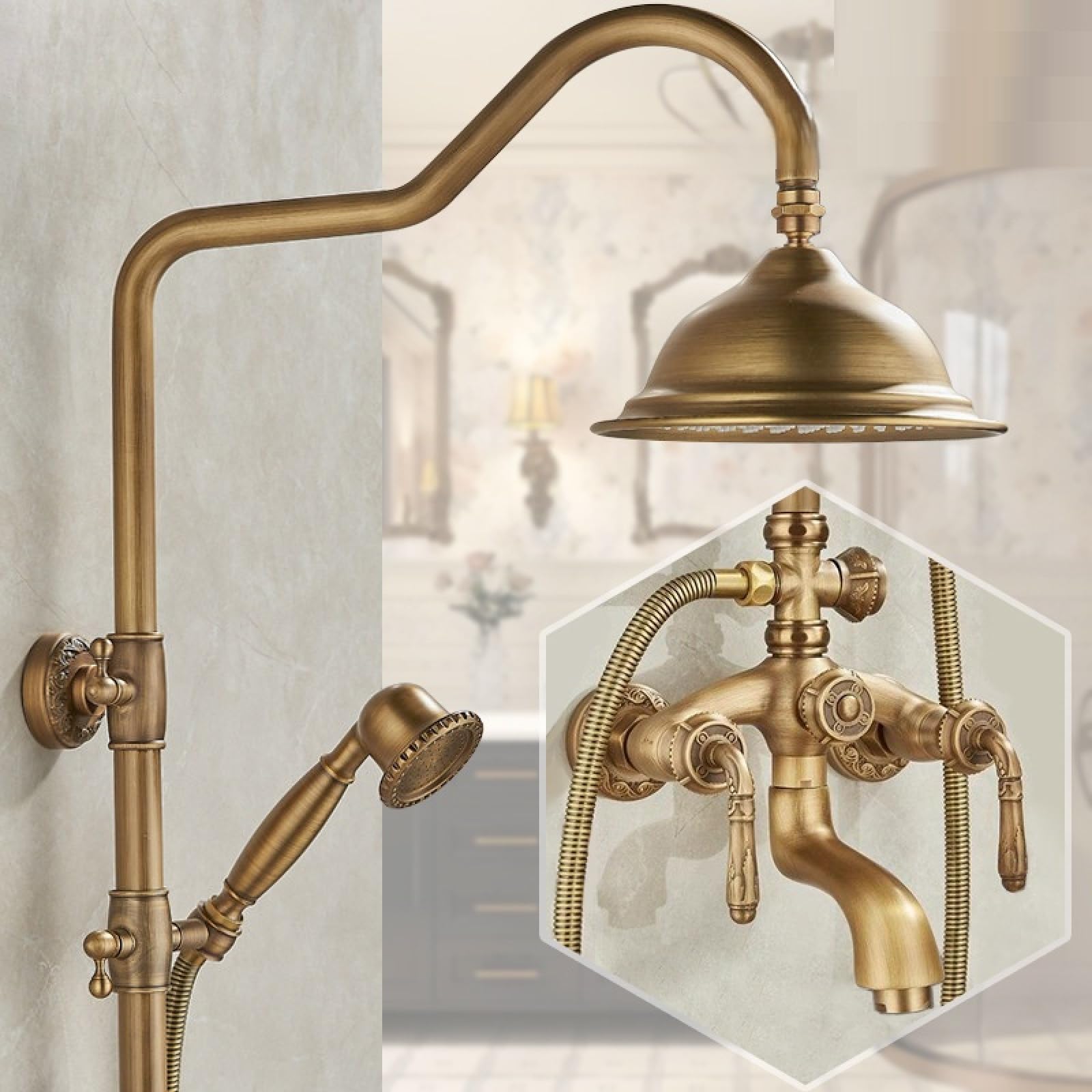 Fanjubei S2 Bathroom All-Copper Antique-Style Adjustable Adjustable Shower Set