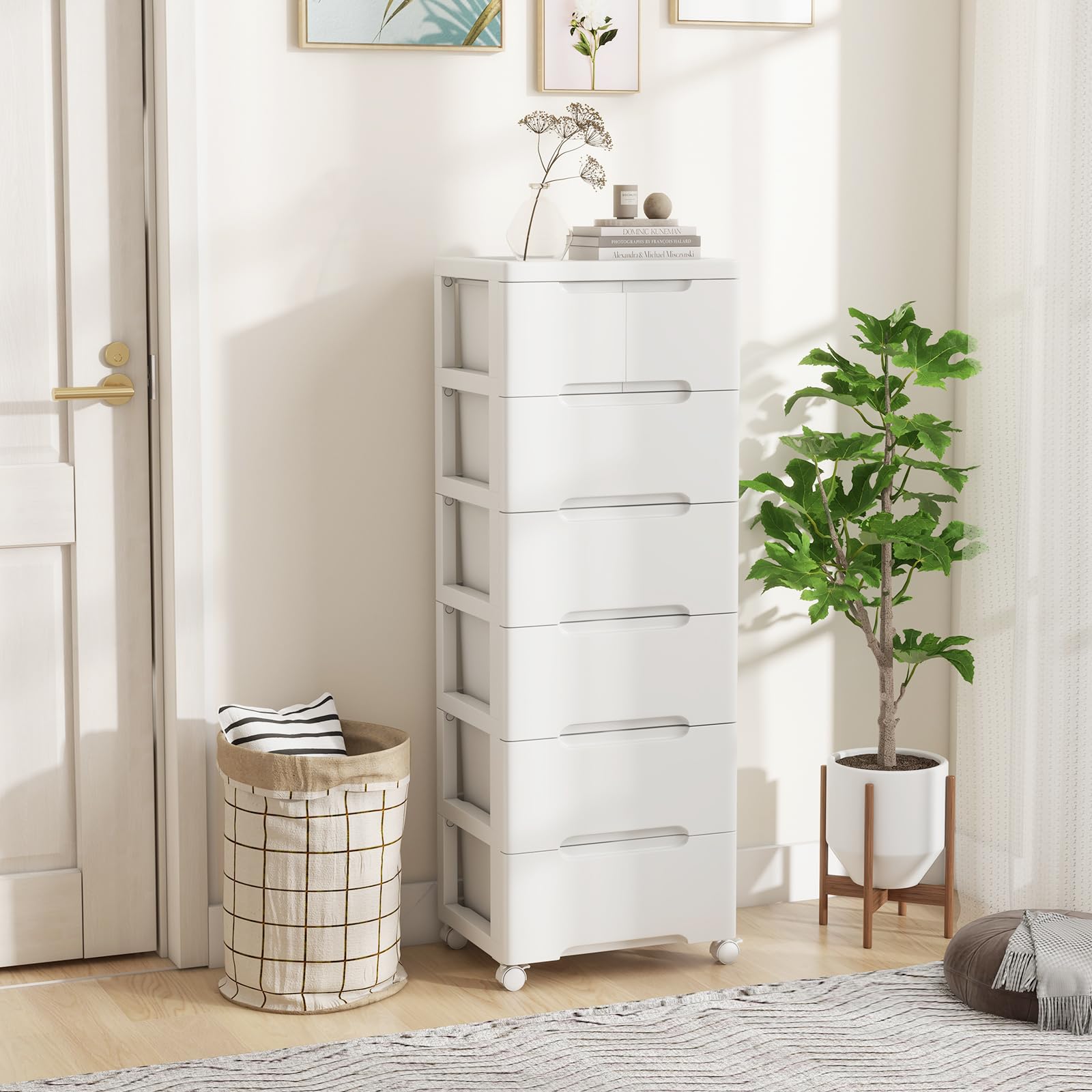 GIANTEX Armadietto per nicchia con ruote, scaffale per nicchia con 7 cassetti, carrello stretto con serratura a rotelle, carrello da bagno con piccolo armadio a cassetti 40 x 32 x 114 cm, bianco