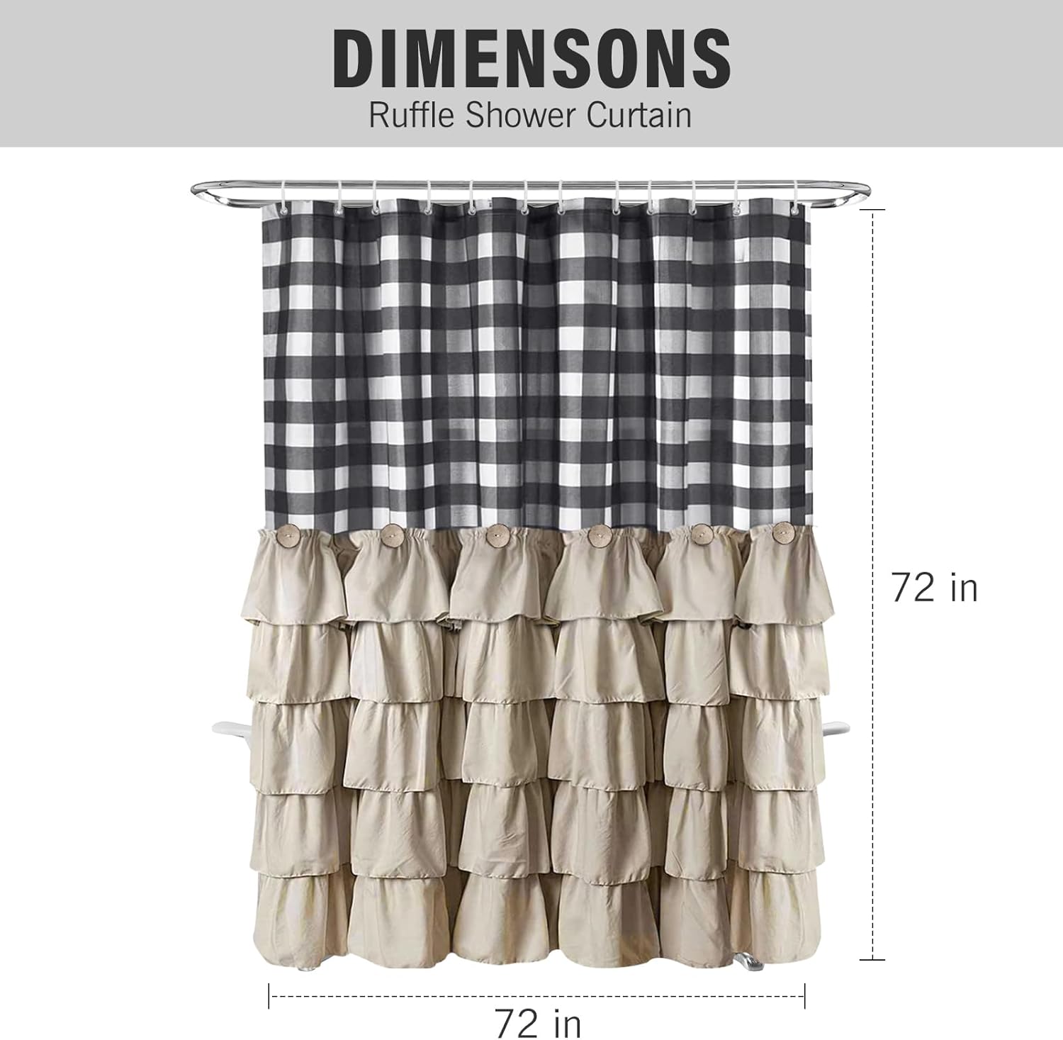 Seasonwood Farmhouse Shower Curtain Set with 12 Hooks Boho Shower Curtain with Button Bathroom Decor Black Buffalo Plaid Pattern with Fabric Ruffles Waterproof with Washable Durable 72"x72"