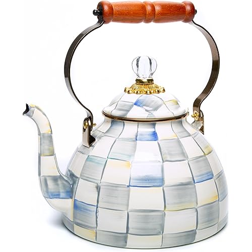 MACKENZIE-CHILDS Enamel Tea Kettle, Stylish Tea Kettle for Stovetop, Grey-and-White Sterling Check, 3 Quarts