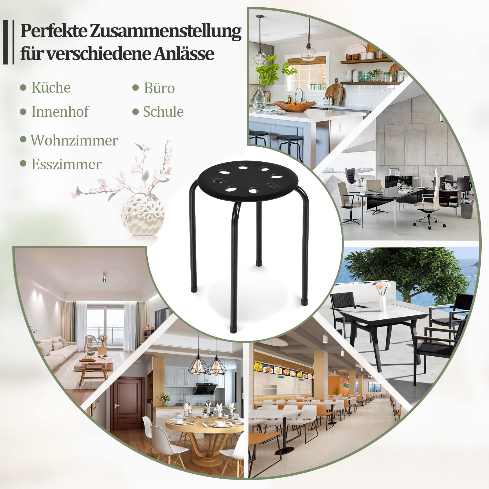 COSTWAY Stapelhocker 6er Set, stapelbare Metallhocker, Esszimmerhocker, Hocker für Zuhause, Büro, Klassenzimmer, 44,5 cm Sitzhöhe (Schwarz)