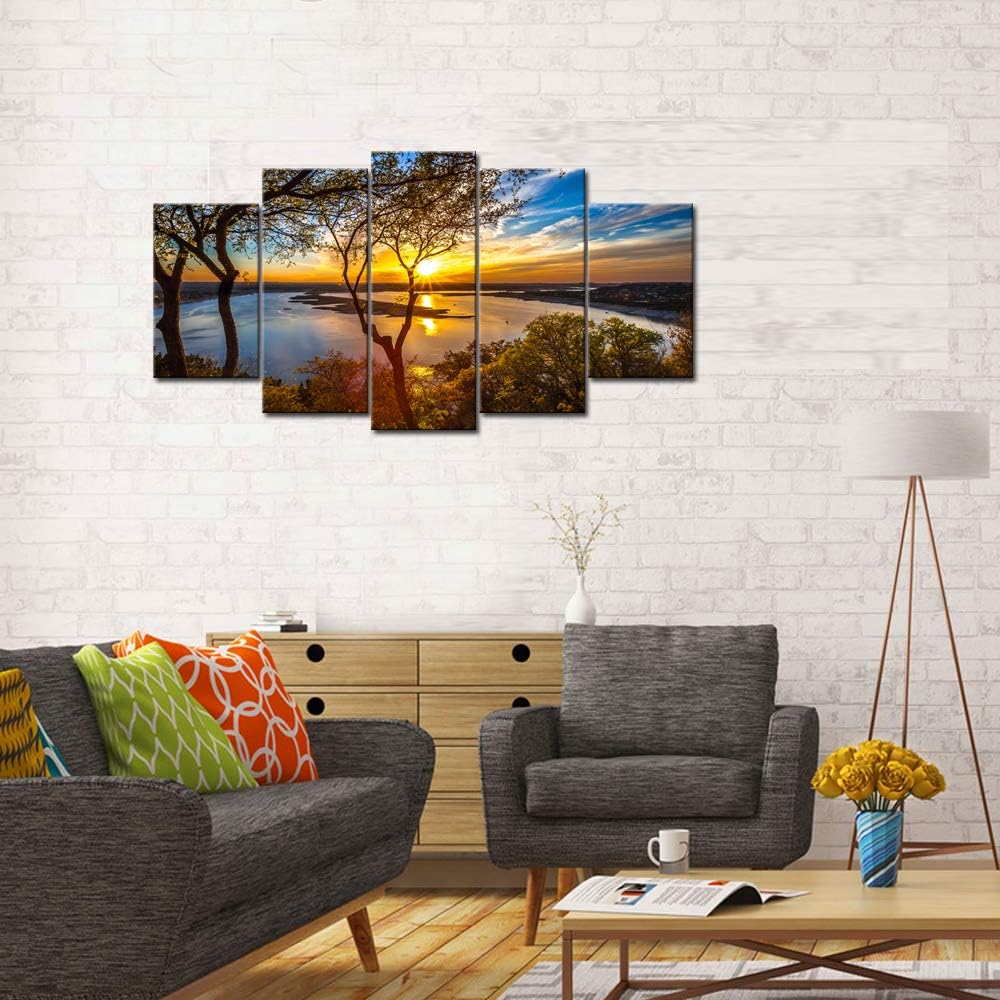 Nachic Wall Large Size 5 Piece Canvas Wall Art Sunset on Lake Travis Texas Picture Photo on Canvas Nature Landscape Art for Home Living Room Decor Stretched and Framed Ready to Hang