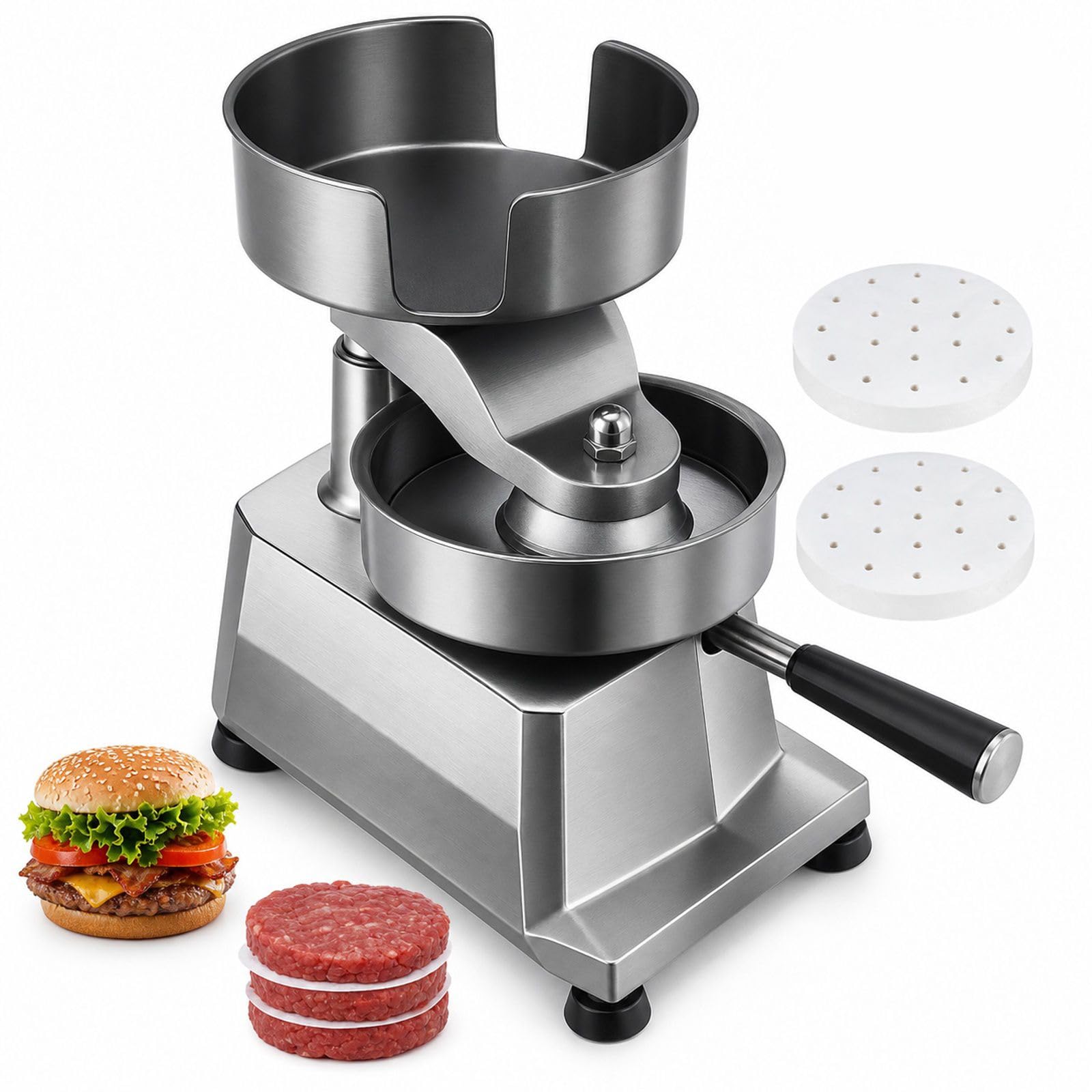 Manuelle Burgerpresse aus Edelstahl mit Griff, Patty-Papier und Handschuhen für Küche, Grillen und Picknick