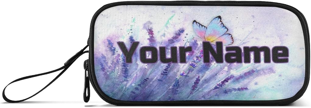 Gredecor Custom Pencil Case for Girls Boys Kids Meadow Purple Lavender Butterfly Personalized Name Large Capacity Pouch Bag Pen Boxes Customizable Stationery Bag School Supplies
