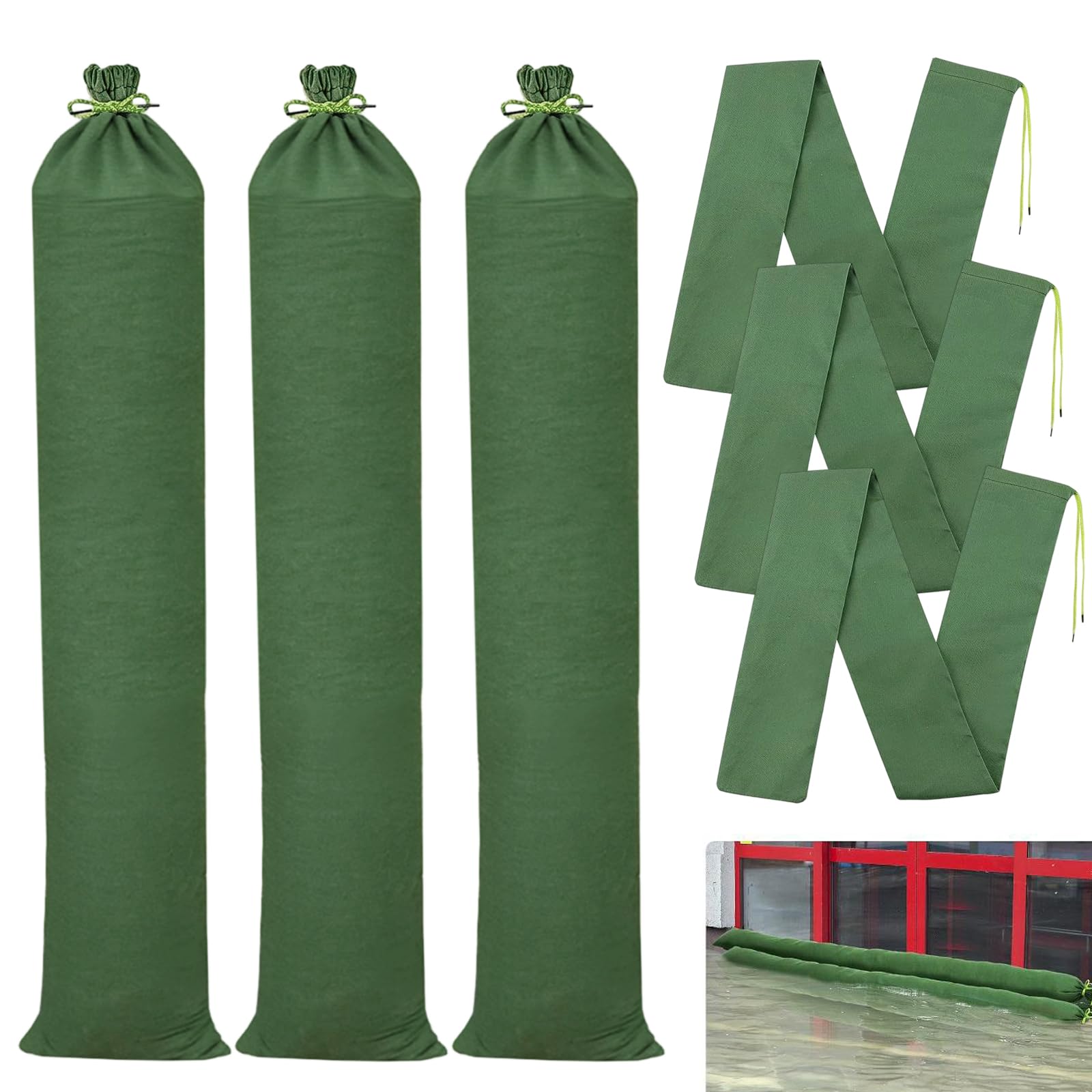 Uesdu Green 6 Pcs Sand Bags, Sandbags For Flooding Sandbags Flood Barrier For Quick-Fit Door And Window Seal Reusable Barriers For Basement Floor Garage (Green)