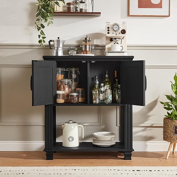 SAVOR LIFE Farmhouse Coffee Bar Cabinet with Open Shelf, Black