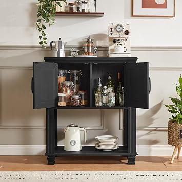 SAVOR LIFE Farmhouse Coffee Bar Cabinet with Open Shelf, Black