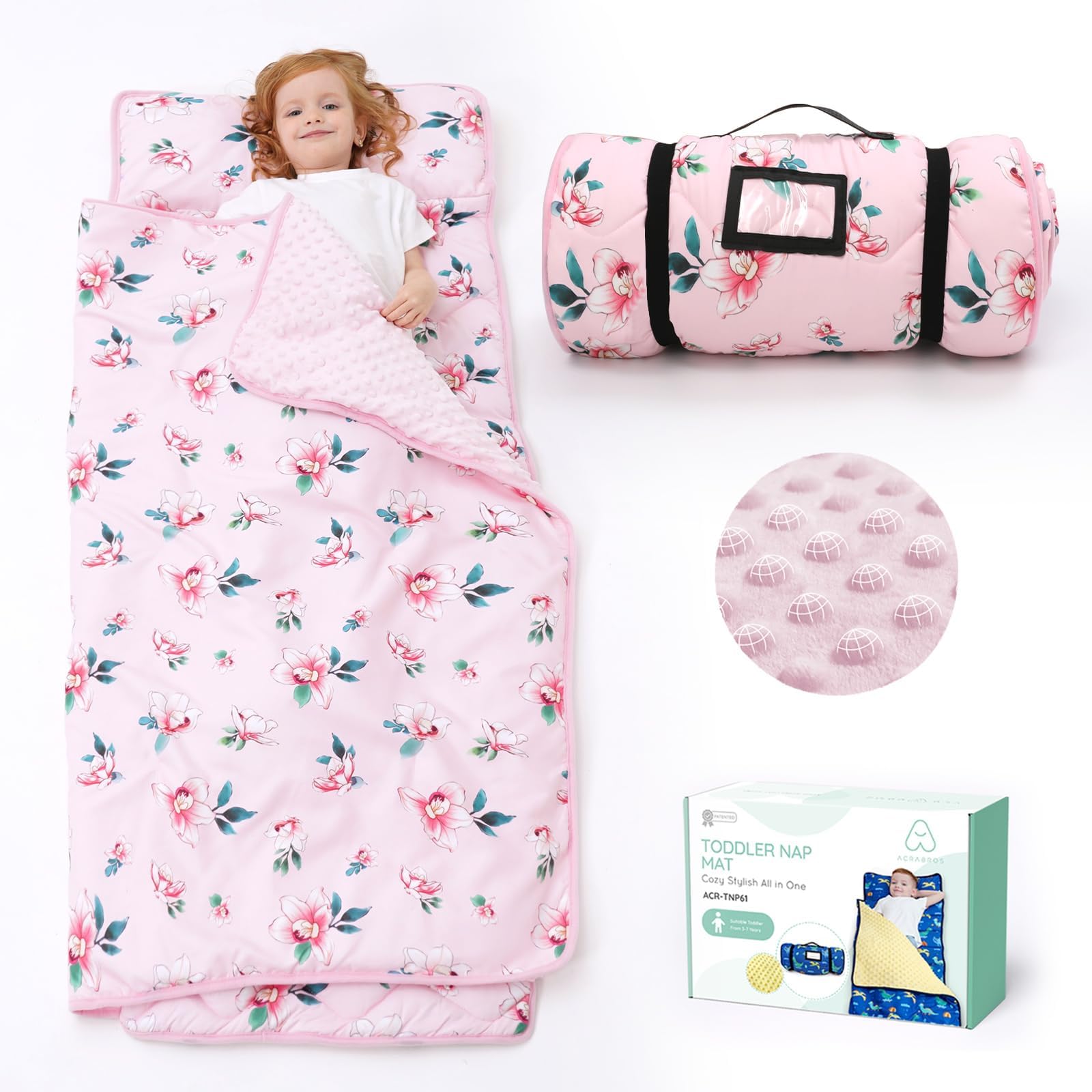 ACRABROS Toddler Nap Mat with Pillow and Blanket, Extra Large Rolled Napping Mats,Slumber Bags for Boys Girls,Kids Sleeping Bag for Daycare, Preschool Travel Camping