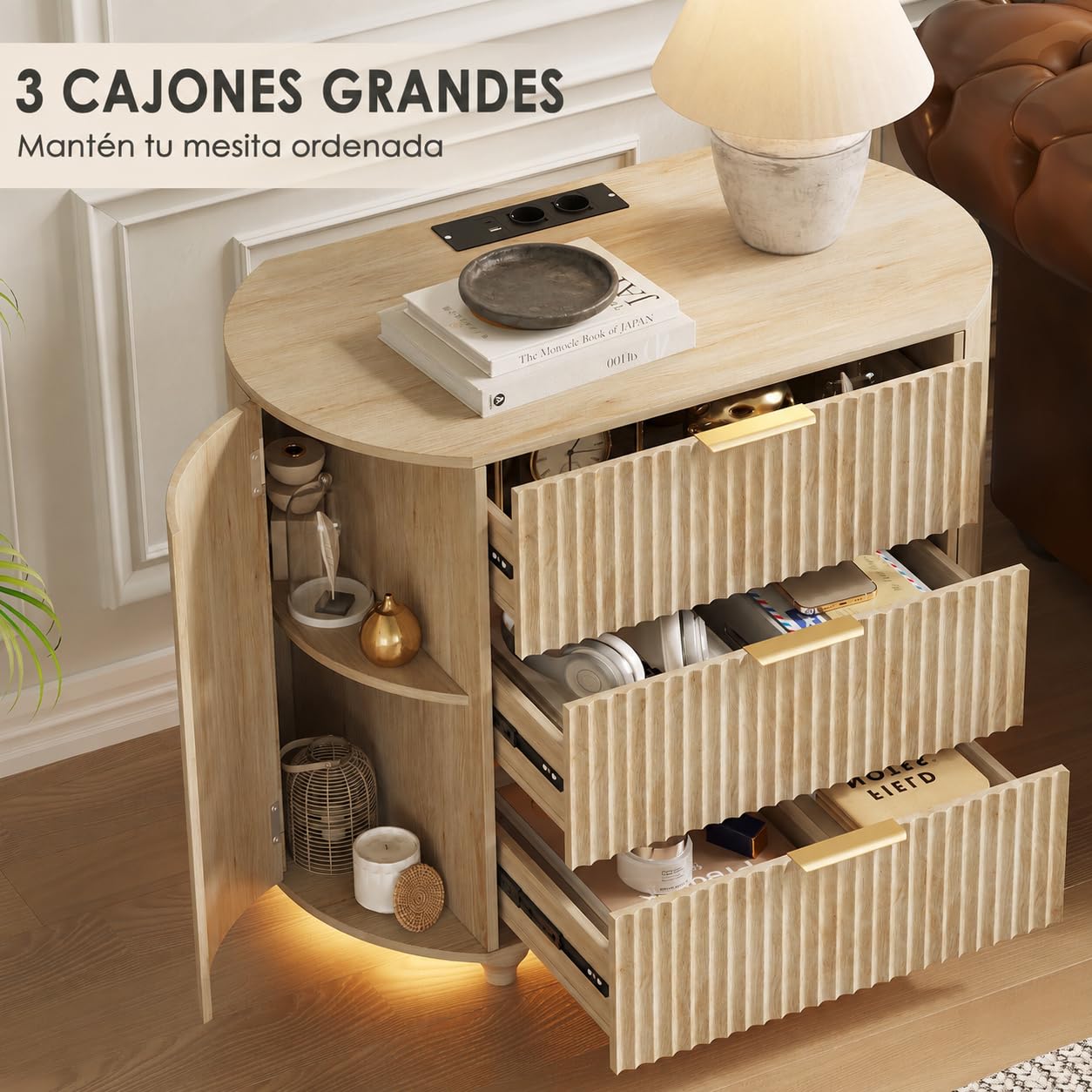 ZKIODV Ovalada Mesita de Noche con Enchufes, LED Mesita de Noche con 3 Cajones, Moderna Mesilla de Noche Grande, iluminación LED 3, USB y USB-C, Mesilla Madera Dormitorio, 65 x 80 x 45 cm (Roble)