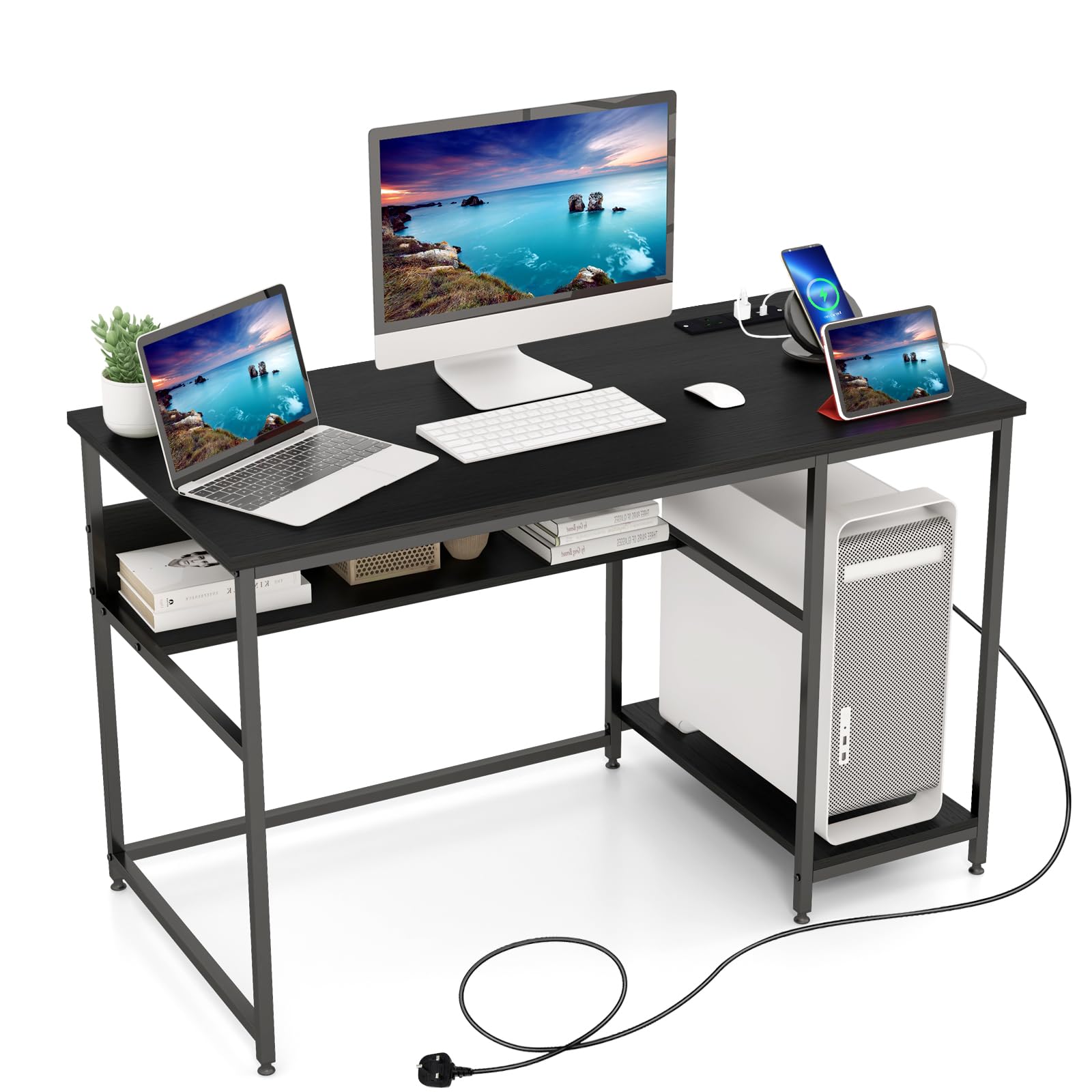 COSTWAY Computer Desk, 120CM Study Table Writing Workstation with Storage Shelf and CPU Stand, Wooden PC Laptop Table Gaming Working Desk for Home Office Bedroom, 120 x 60 x 75cm (Black)