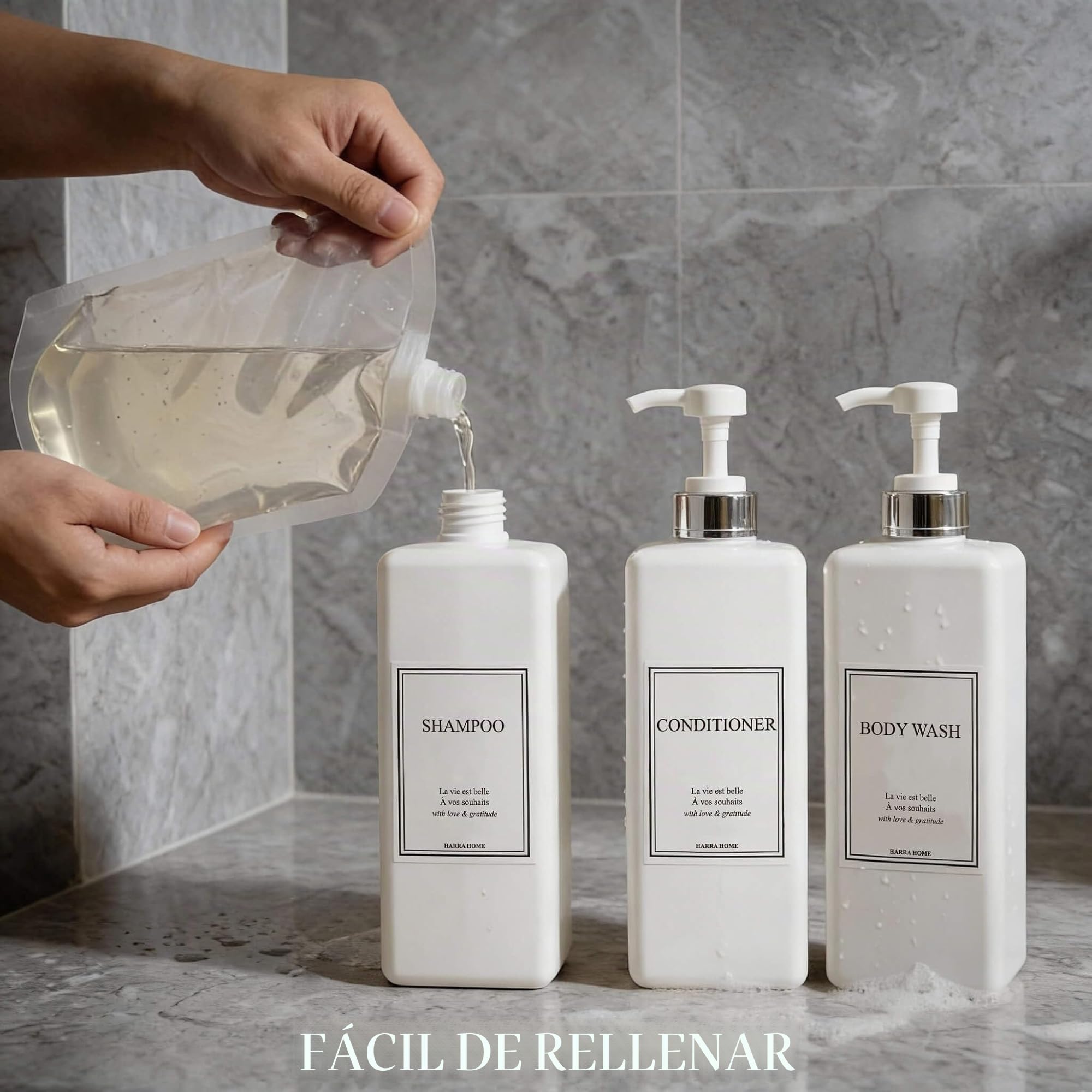 Modern Gold Design - Juego de Botellas con Bomba de 27 onzas, dispensador de champú y acondicionador, Botellas vacías de plástico para Ducha con Bomba para loción de baño, Gel Corporal,
