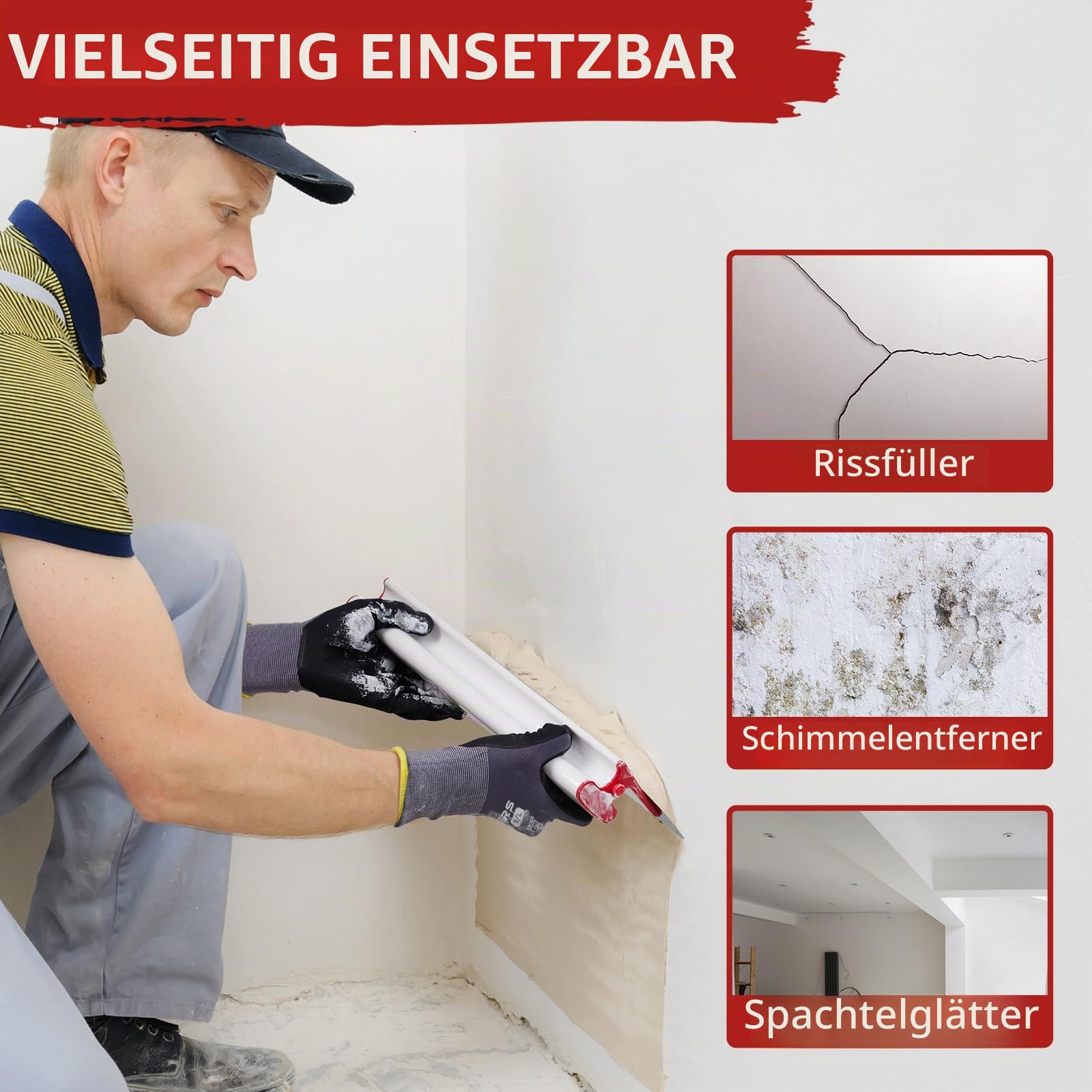 KEZERS Flächenspachtel Set, 20 cm, 30 cm, 40 cm & 80 cm Edelstahlklinge Spachtel Werkzeug mit Teleskopstange und Adapter, Spachtel Set mit Koffer für große Arbeitsbereich Wand Dekoration Bau