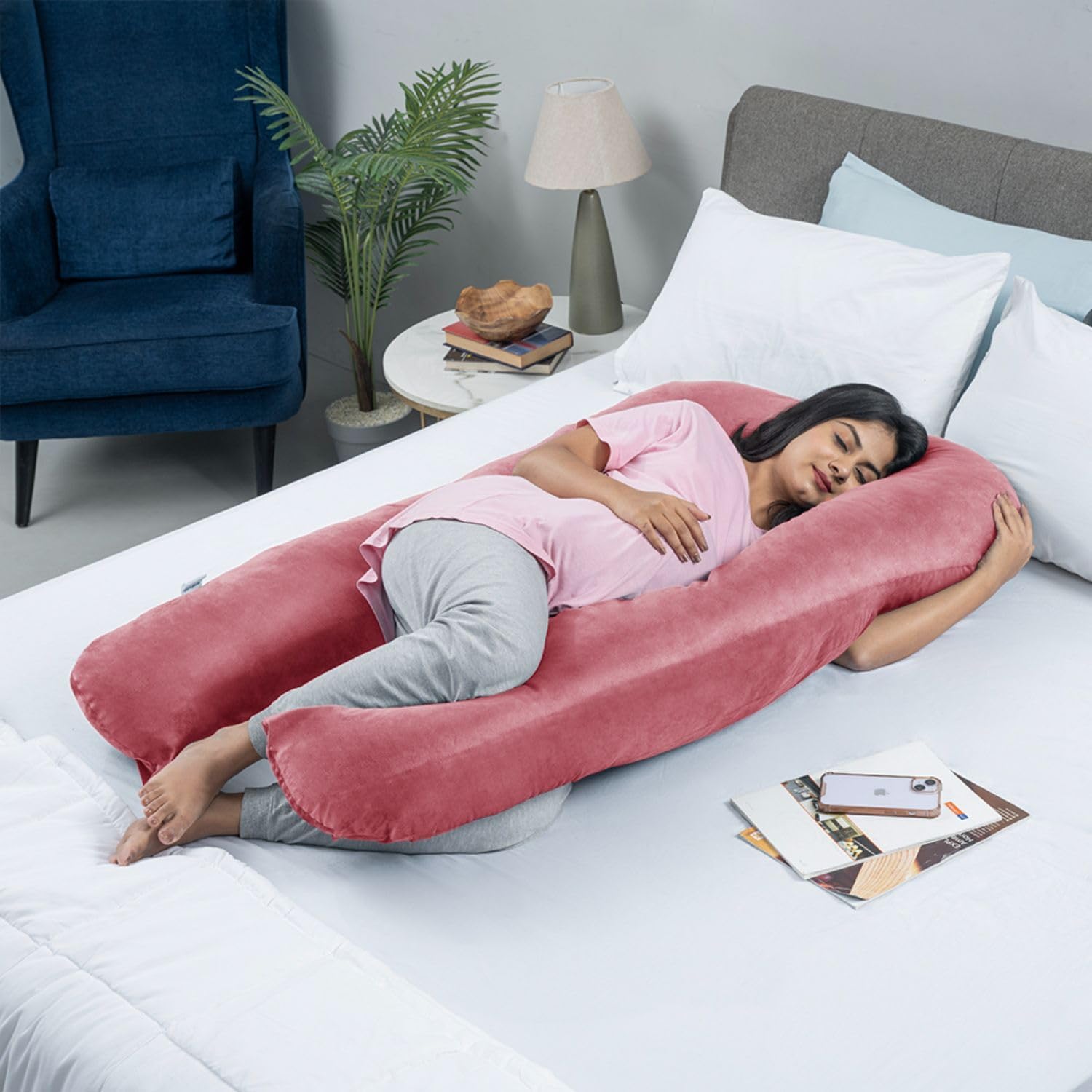 Wakefit Pregnancy Pillow for Pregnant Women | 3 Month Warranty | Maternity Pillow, Pregnancy Gifts for Women, Maternity Pillows for Pregnancy Sleeping, Washable Velvet Cover, U-Shape (Pink)