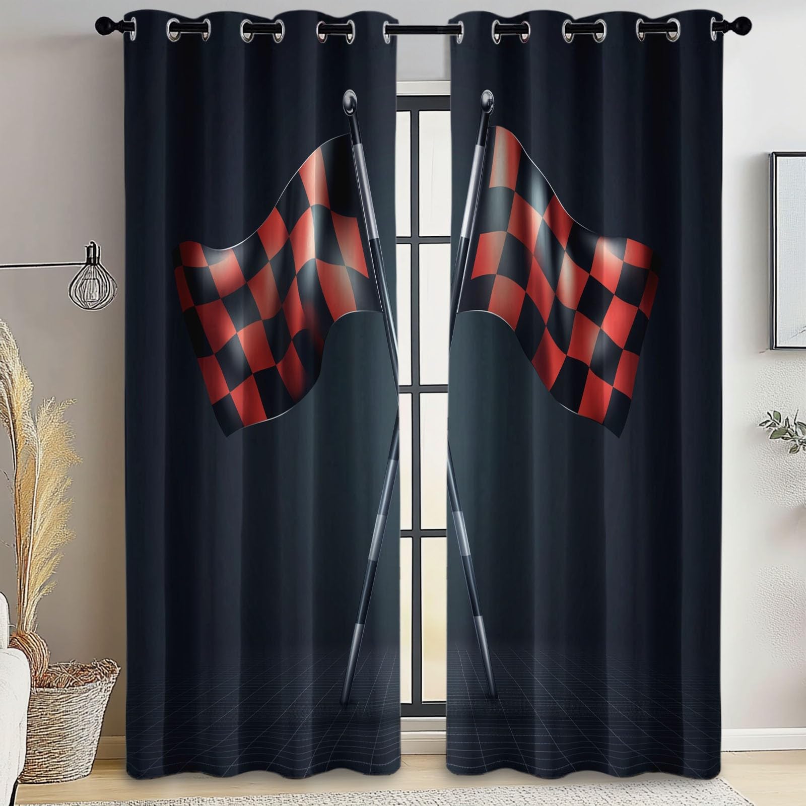 Blackout Curtains Bedroom Simple Style Racing Checkered Flag Pattern, Geo-Thermal Insulated Energy Efficiency Window Treatment Sets Grommet Drapes for Kids Room 52