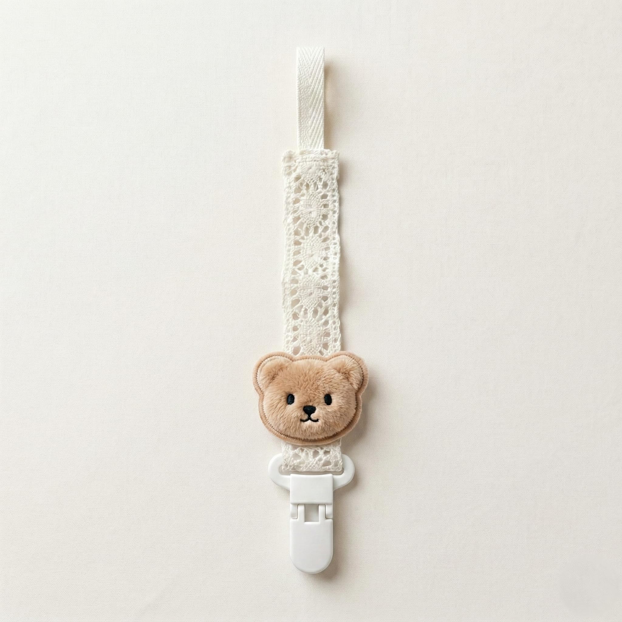 Baby Pacifier Clip with Cute Teddy Design – Soft Lace Soother Holder Strap, Secure Anti-Drop Clip for Babies, Lightweight & Skin-Friendly (Chocolate)-image-0