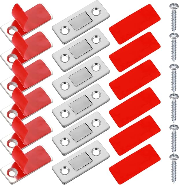 6 Packs Magnetic Cabinet Door Catch Ultra Thin Zinc Cabinet Door Magnet Latches with Strong Adhesive Sticker Slim Drawer Magnets Catches Furniture Magnetic Latches for Closet Sliding Door Closure