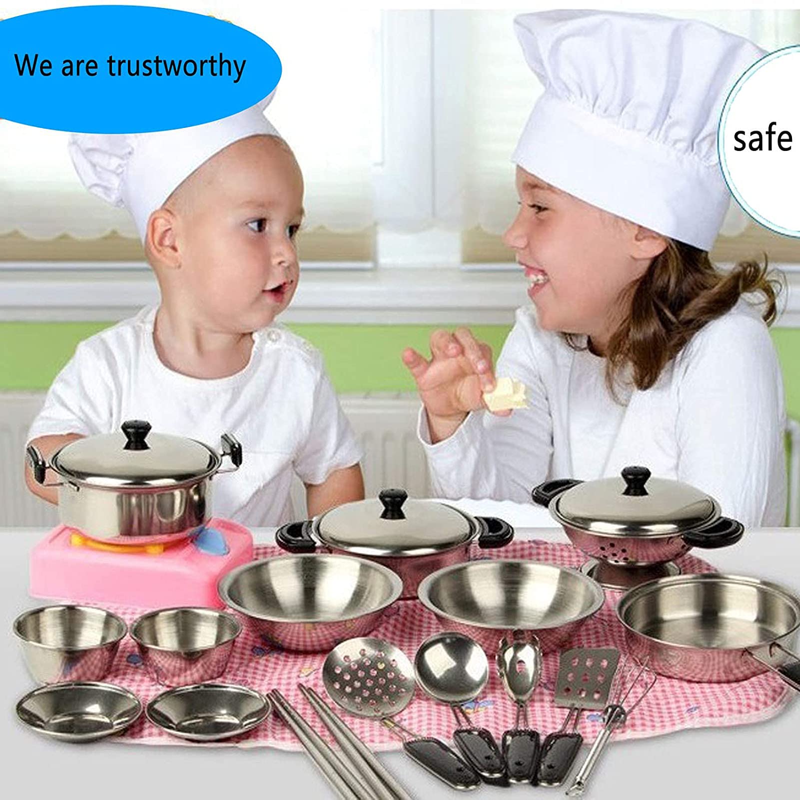 Kit Cucina Bambini 42 Pezzi - Pentole In Acciaio Inox, Grembiule Chef E Verdure Da Tagliare, Gioco Educativo