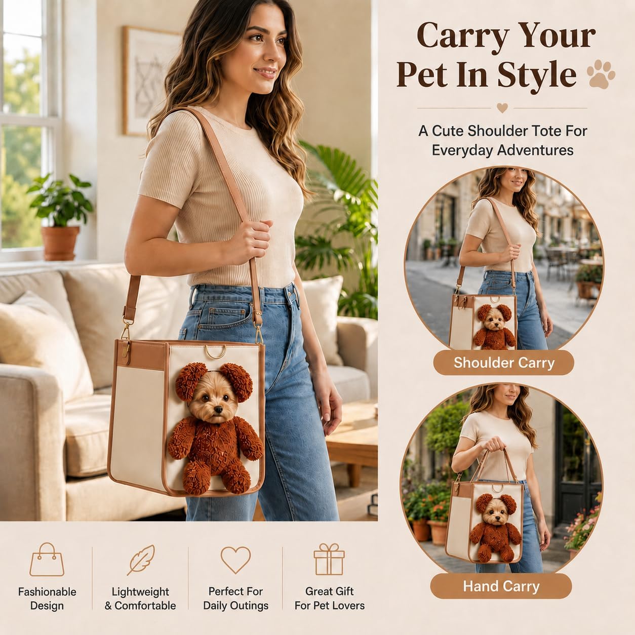 Bolso transportín para Perros Estilo Osito de Peluche, Bolso Multifuncional 2 en 1 con Orejas peludas y Ventana de visualización para Paseos y recados (M)
