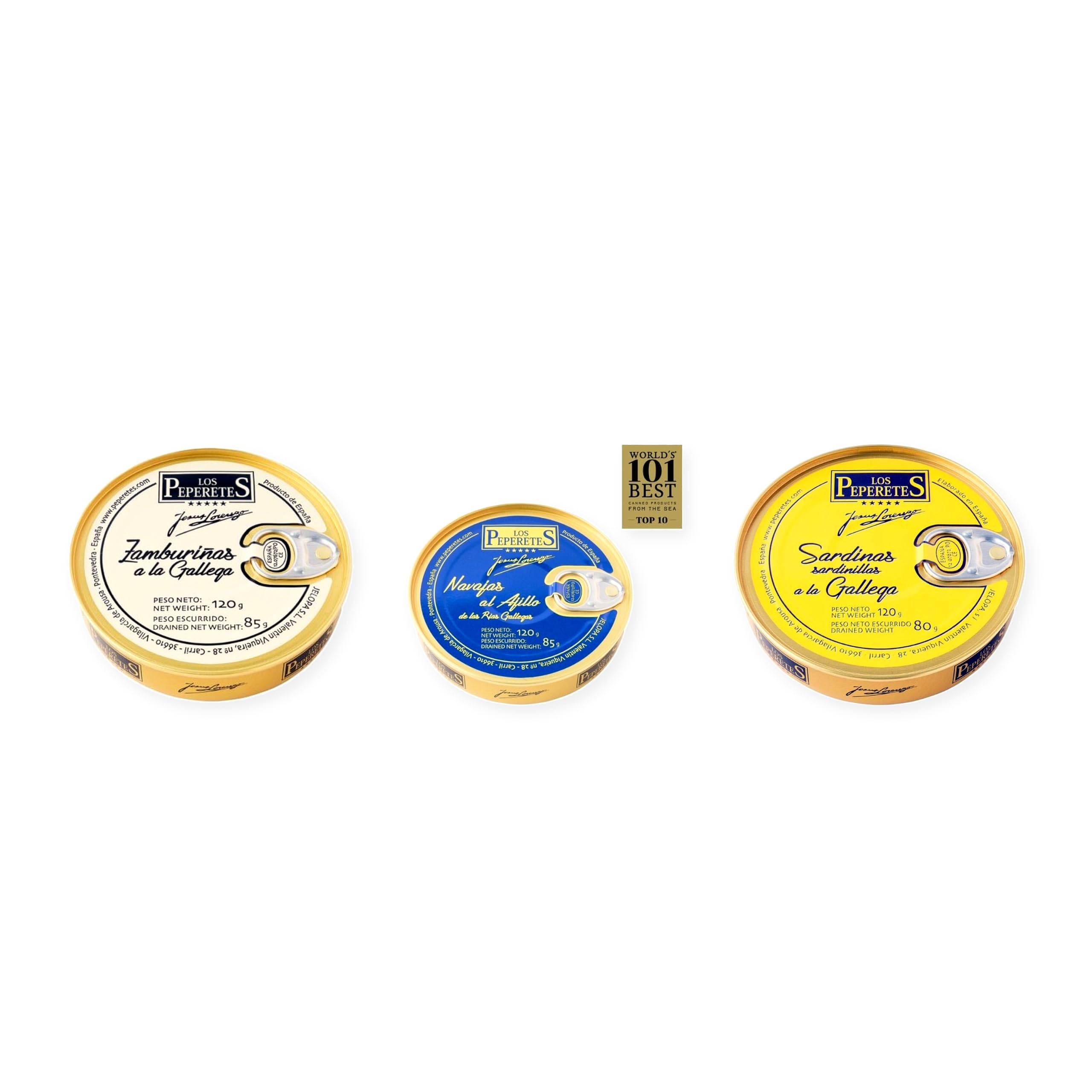 los peperetes conservas Zamburiñas Gallega, Navajas Ajillo y Sardinillas Gallega pack 3 latas