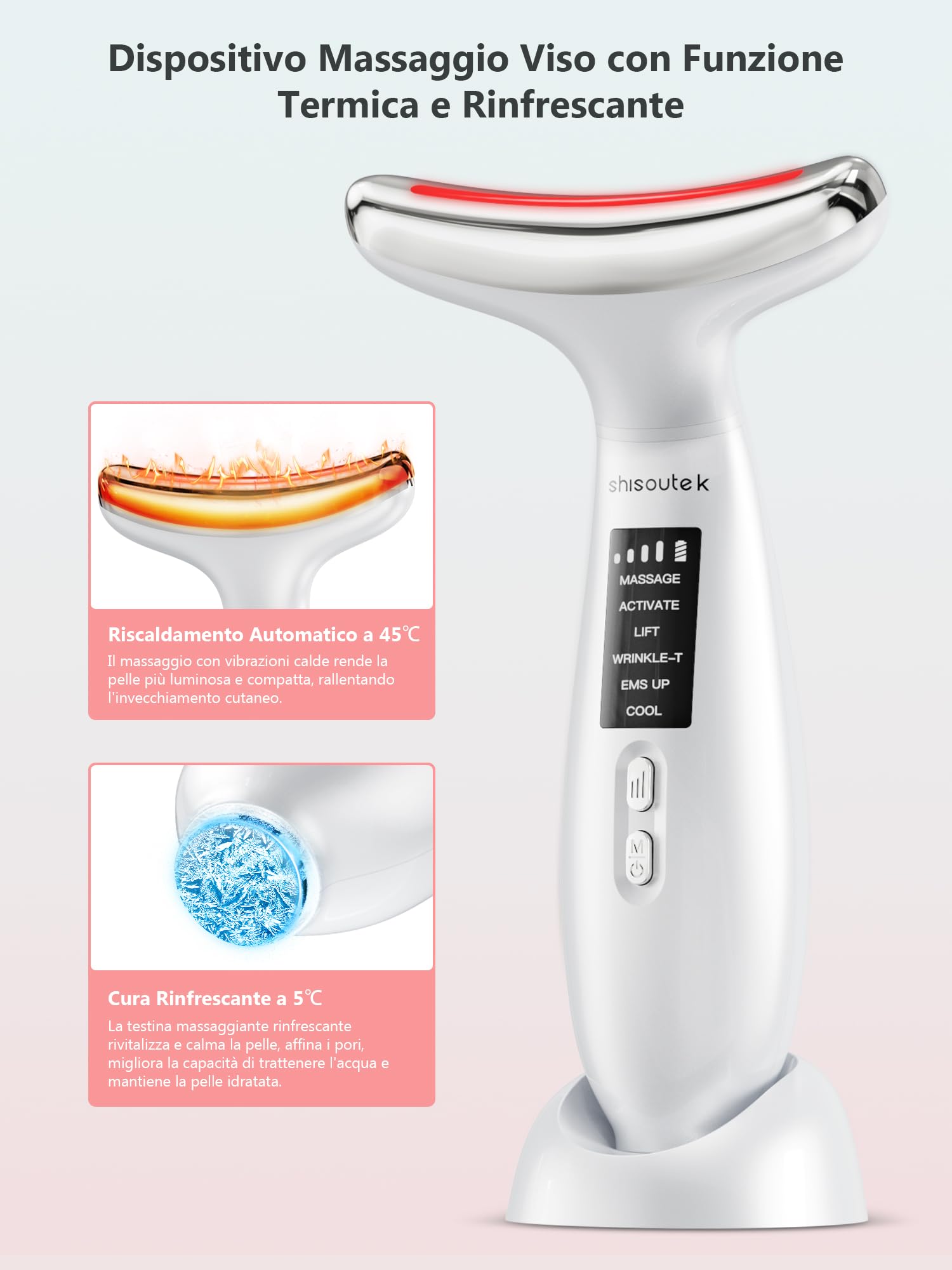 Massaggiatore Viso Lifting Elettrico Antirughe: Dispositivo di Bellezza a 5℃ del Freddo e 45℃ Terapia del Caldo - Face Massager con 6 Modi 4 LED - EMS Lifting Gua Sha Massaggio Rassodante Collo Viso
