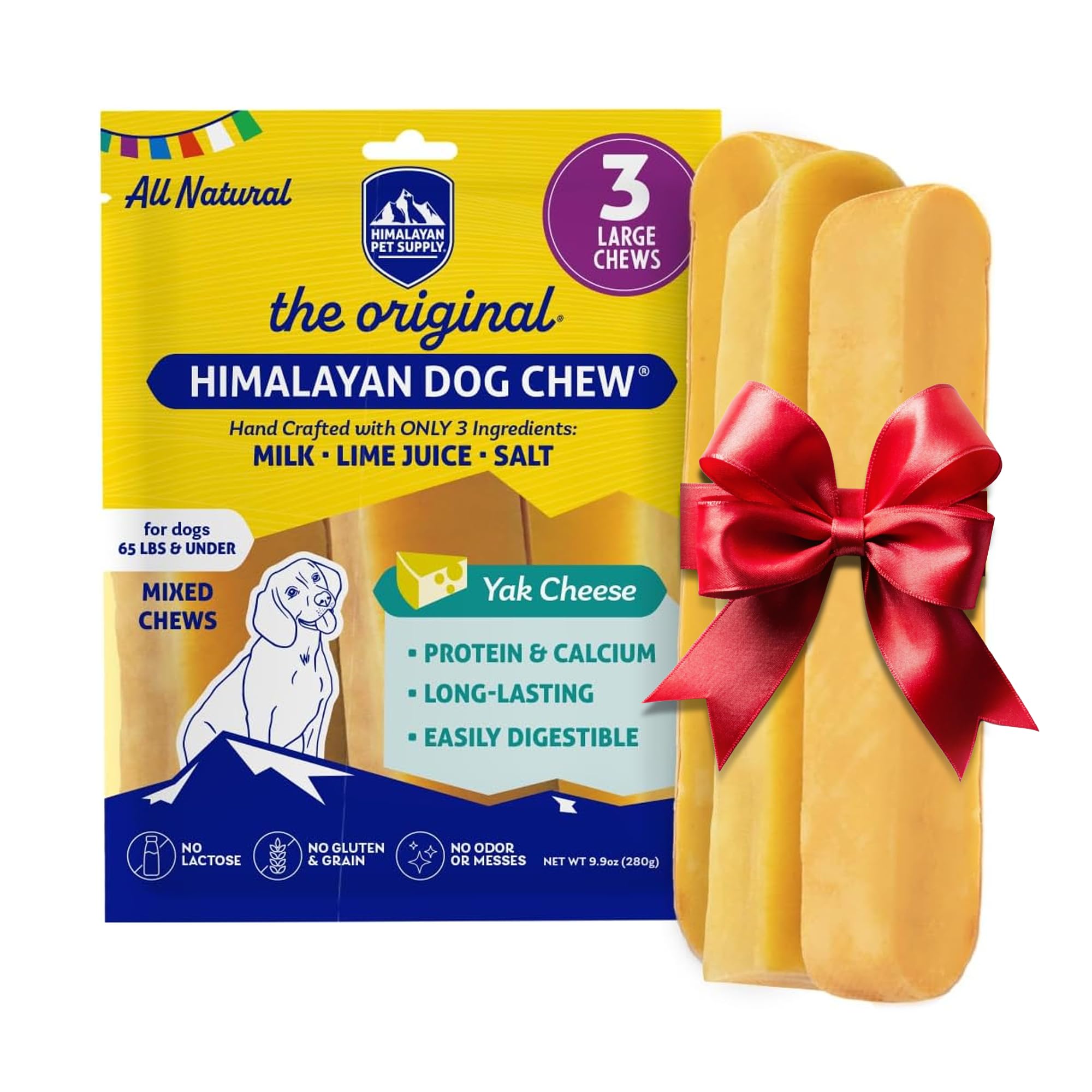 Himalayan Dog Chew Original Yak Cheese Dog Chews, The Better-For-You Chew, 100% Natural, Long Lasting, Healthy Safe Dog Treats, Lactose & Grain Free, Protein Rich, For Dogs 65 Lbs & Smaller, 3-Count