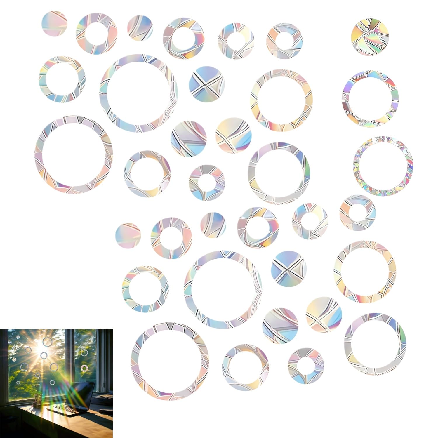 Zpeiran 32 PCS Anti-Collision Window Decals,UV Rainbow Prism Suncatcher Stickers to Prevent Bird Strikes Static Clings for Glass Doors & Windows to Protect Wild Birds