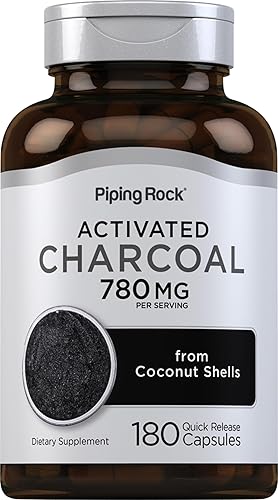Piping Rock Píldoras de carbón activado de 780 mg  180 cápsulas  de cáscaras de coco  Suplemento sin OMG, sin gluten