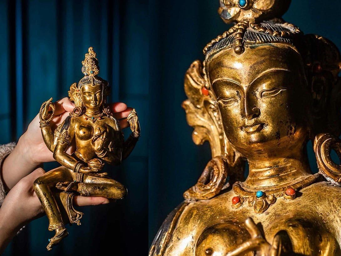 仏教美術　古銅鍍金彩色　彩繪描金嵌寶石　チベット仏　仏像　置物　V　8118 仏教美術 古銅鍍金 チベット仏 ガネーシャ象神 仏像 置物 V R2129