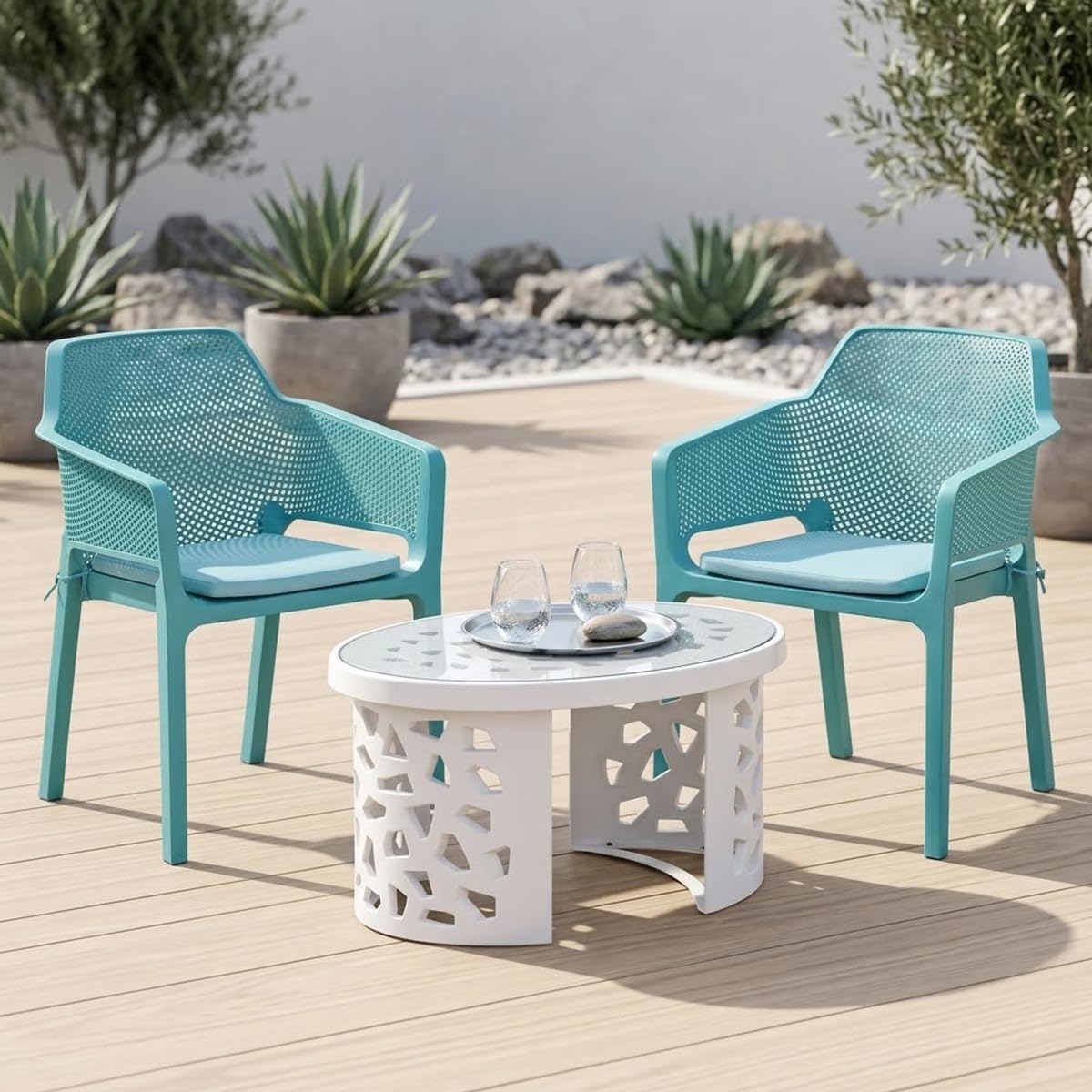 Nilkamal Captain Chair and Crystal Glass Top Coffee Table Set | 2 Chairs and 1 Table | Plastic Furniture Set for Indoor and Outdoor, Balcony, Garden, Patio & Living Room| Sapphire Blue and Milky White-image-45