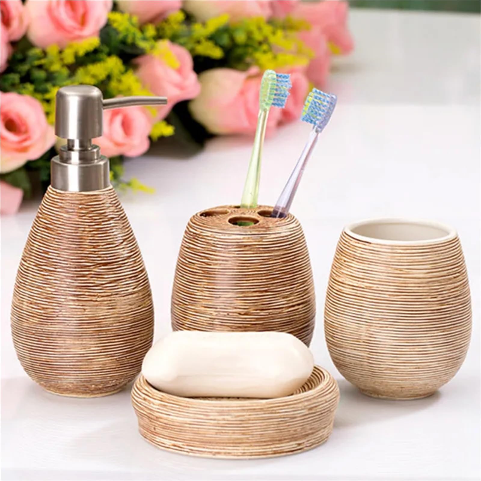 Juego de baño Juego de cerámica for baño, dispensador champú, Botella, jabonera, Soportes for cepillos Dientes, Accesorios for Taza Enjuague(White 4pcs)