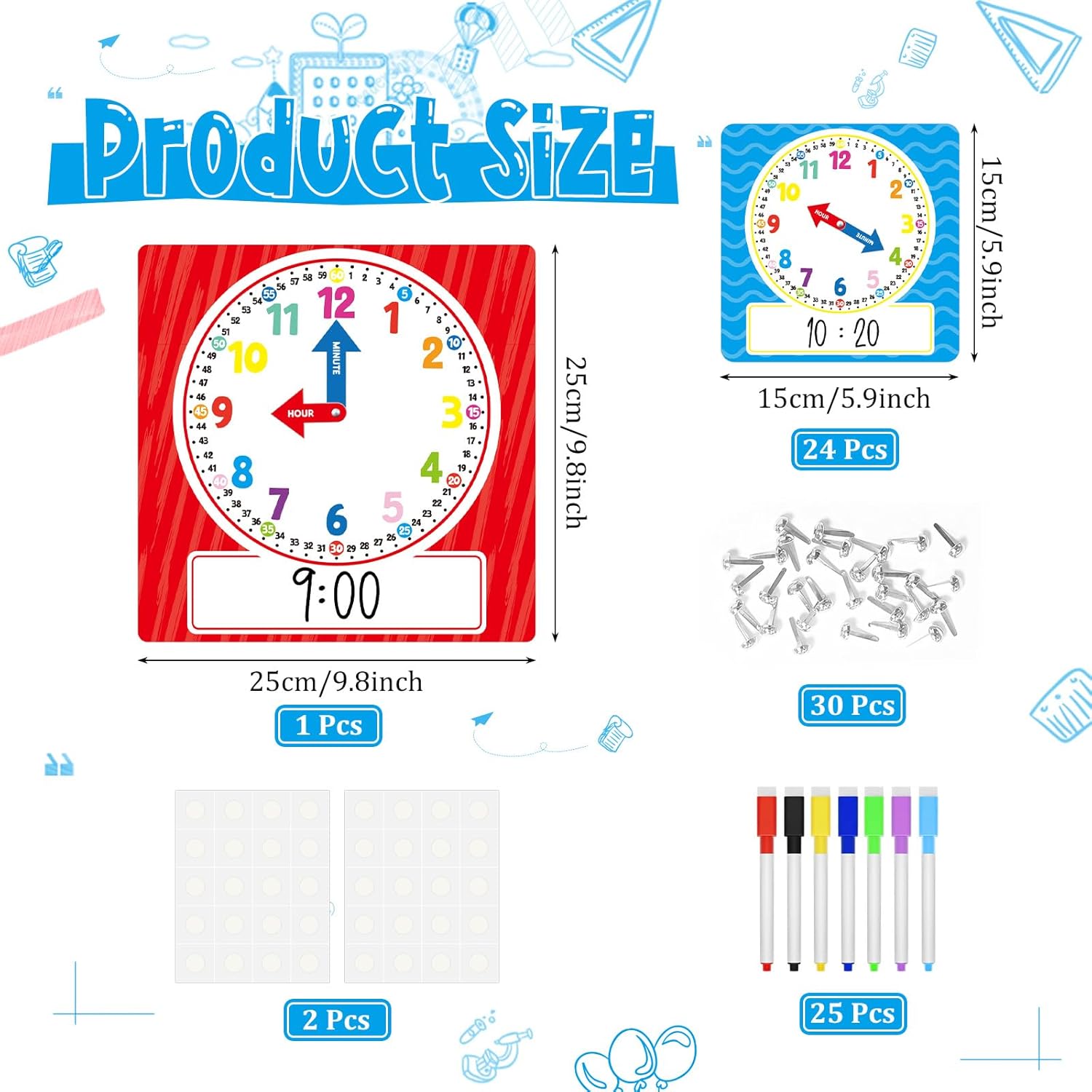 Cinrobiye 25 Pcs Classroom Teaching Clock Set,Learning Clocks,Learning Time with Laminated Dry-Erase Teaching Aids for Home Classroom Teacher Back to School Supplies